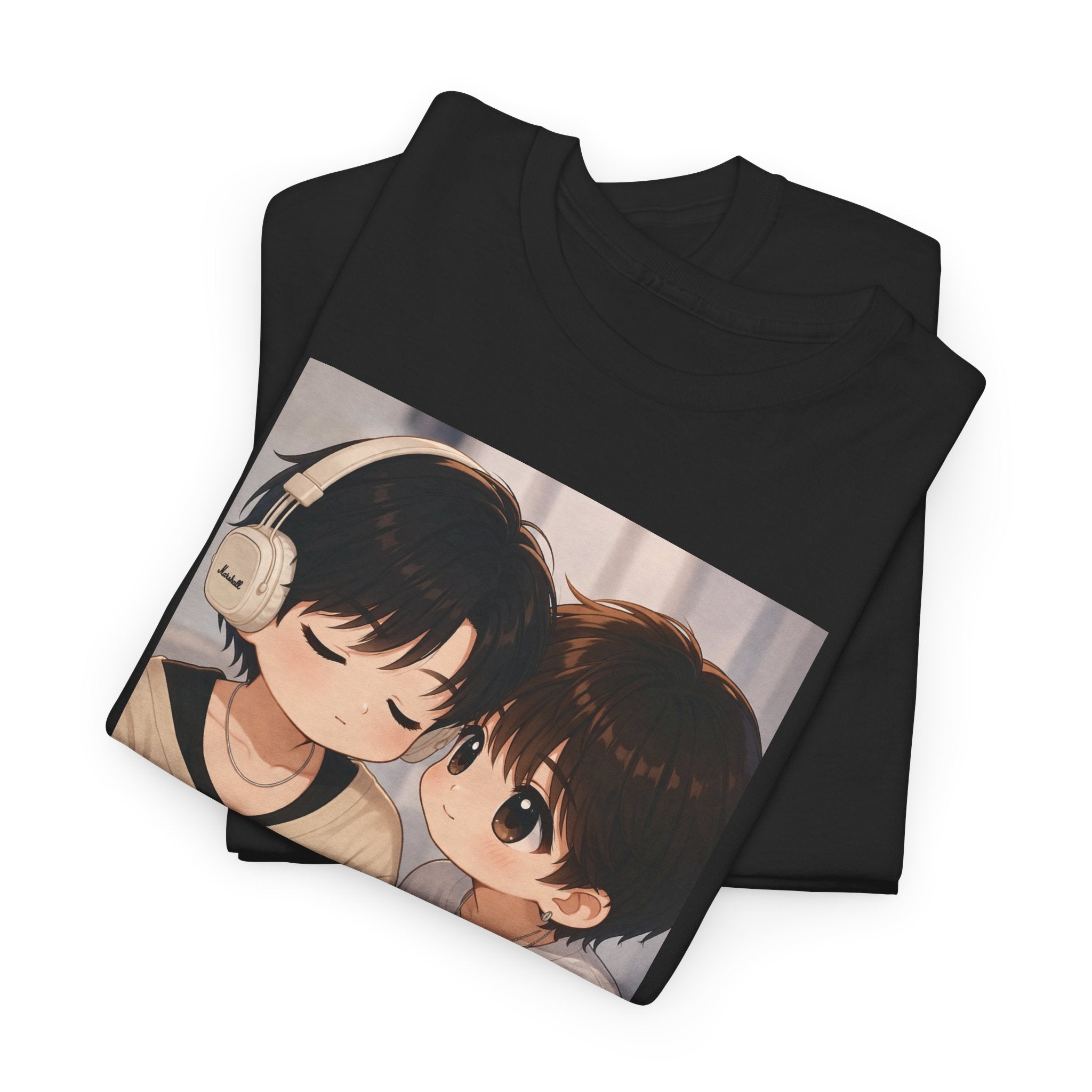 Folded black Duang With You TeeteePor chibi couple tees, print detail