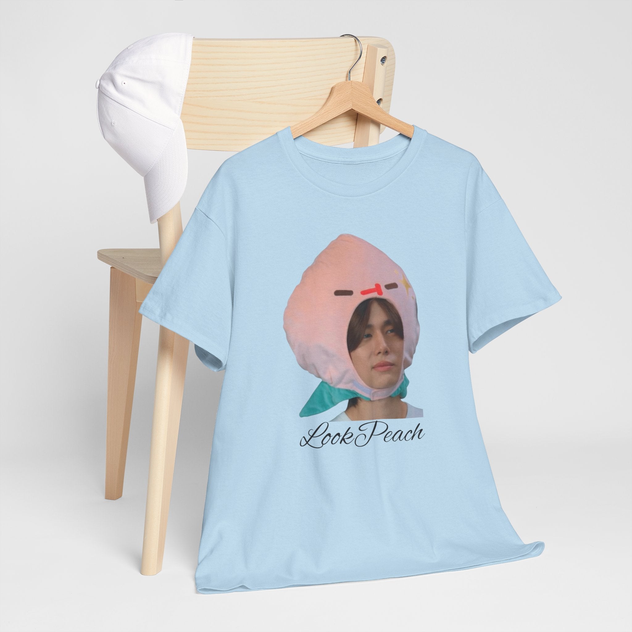 'Look Peach' Phuwin as Peach t-shirt in light blue — PondPhuwin Me and Thee fan merch