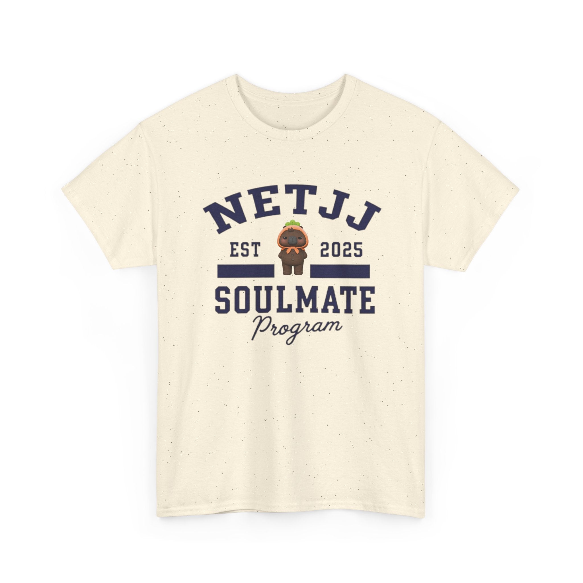 NetJJ Soulmate Program varsity t-shirt in natural, with Jookkroo mascot — Thai BL Love Upon a Time fan merch