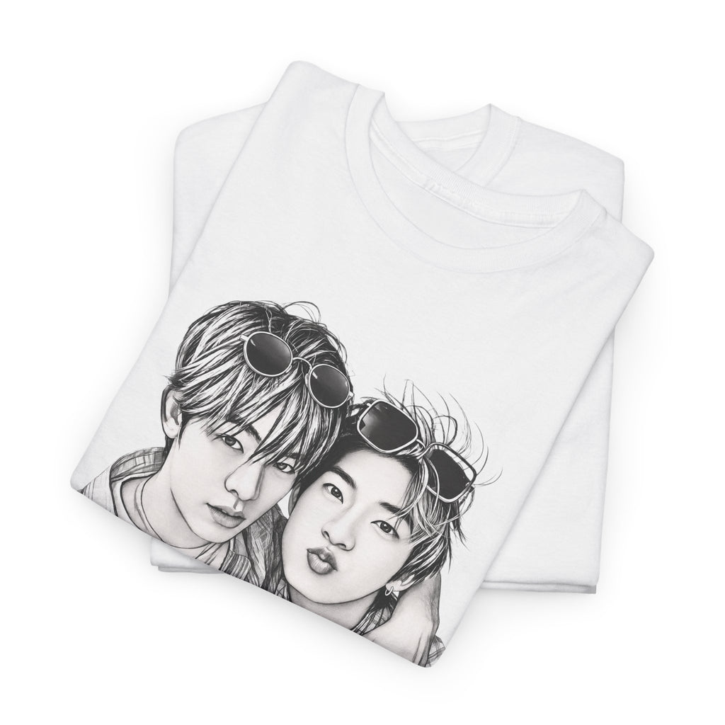 White TeeteePor sketch t-shirt on a hanger — TeeTee and Por, Duang With You Thai BL fan merch