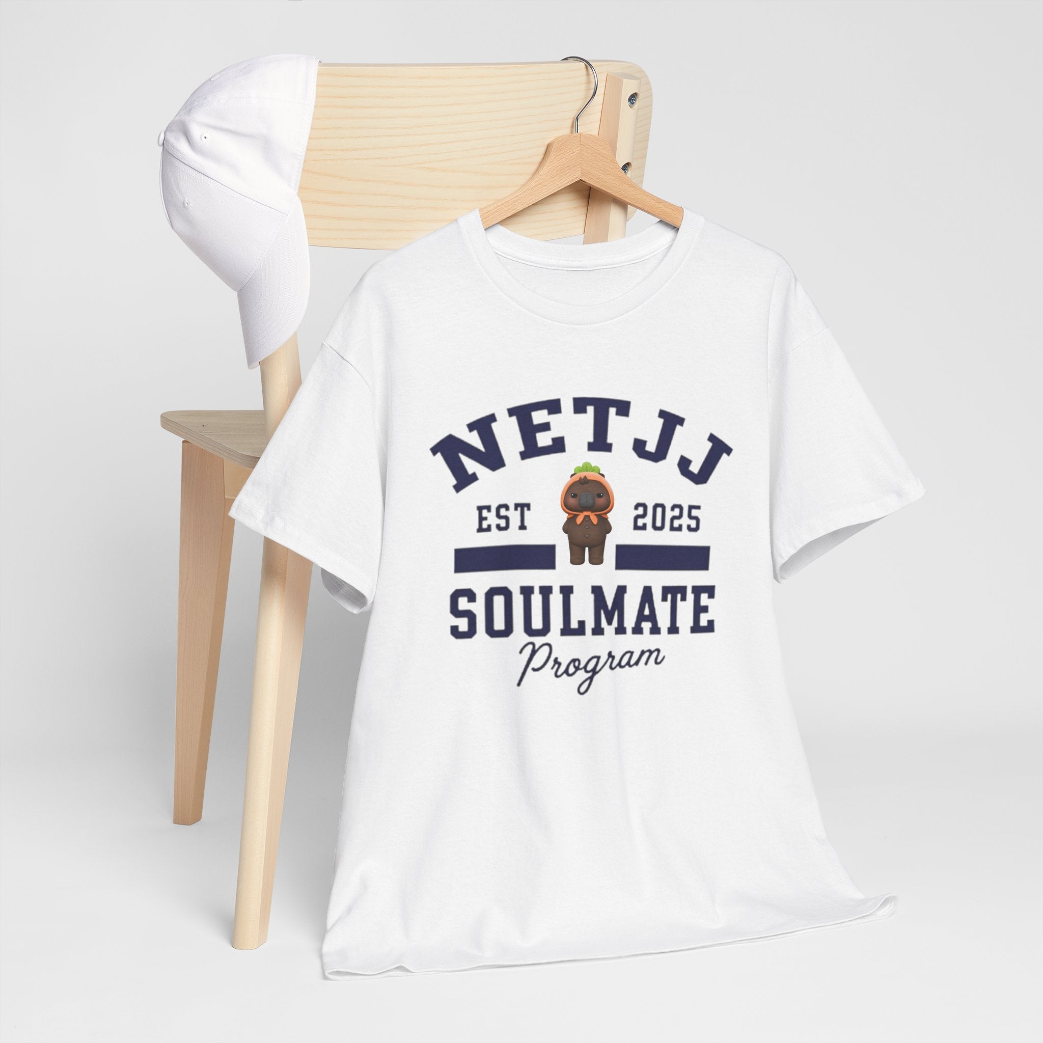 NetJJ Soulmate Program varsity t-shirt with Jookkroo mascot — Thai BL Love Upon a Time fan merch, Domundi ship tee