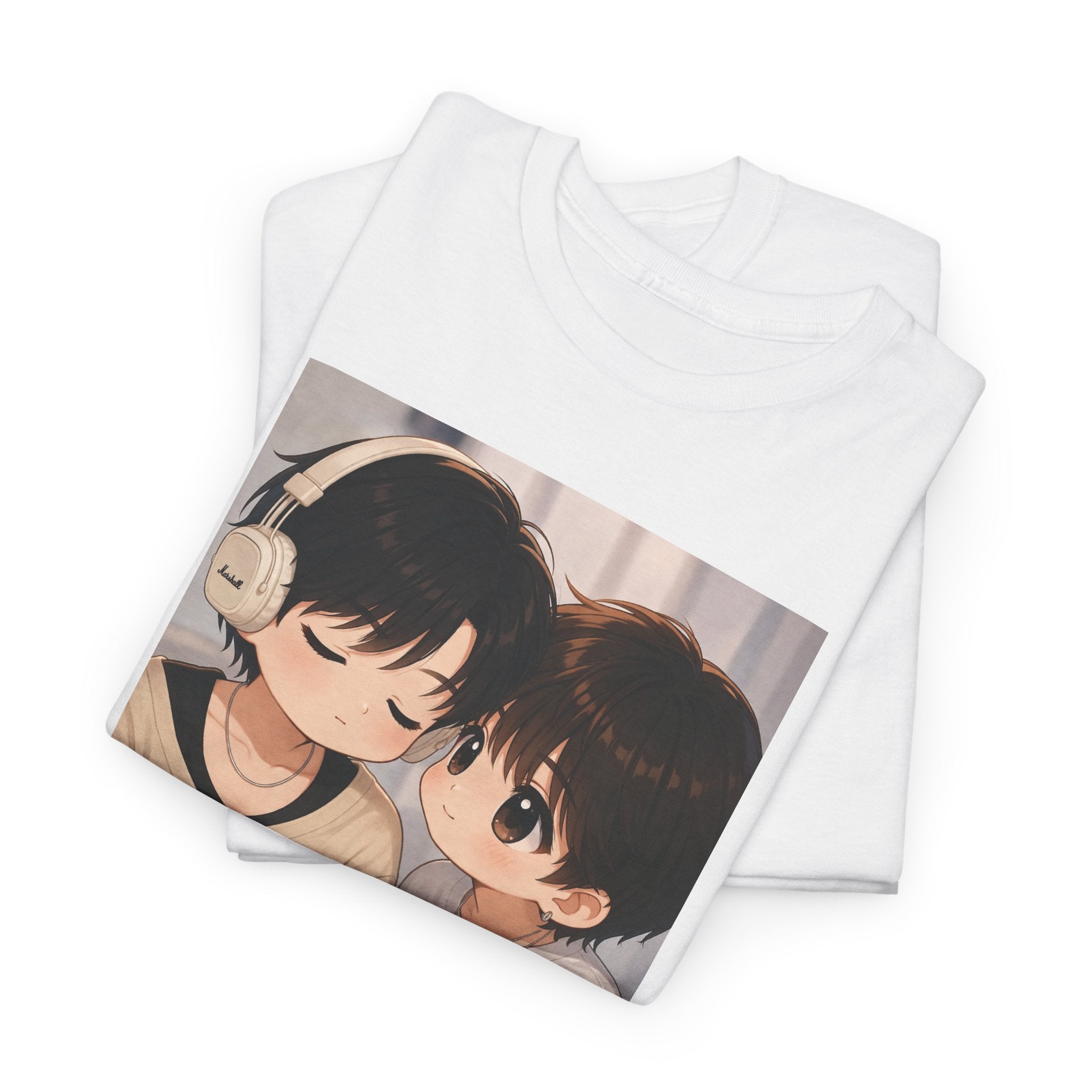 Folded white Duang With You TeeteePor chibi couple tees, print detail