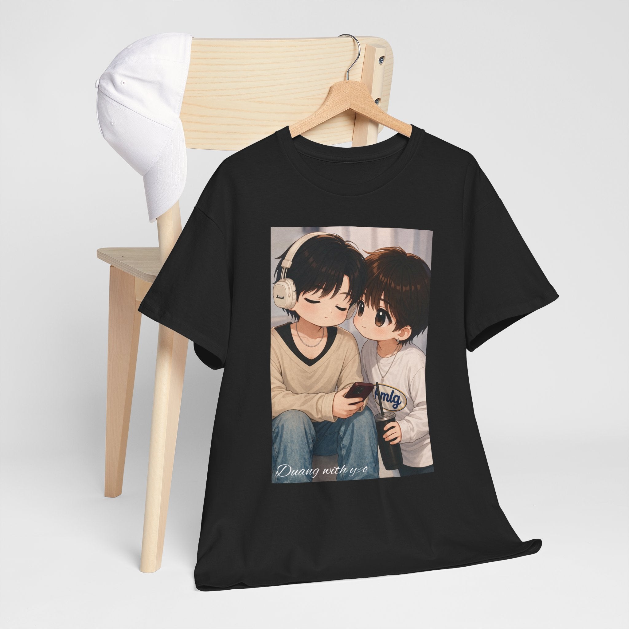 Black Duang With You TeeteePor chibi couple tee on a wooden hanger