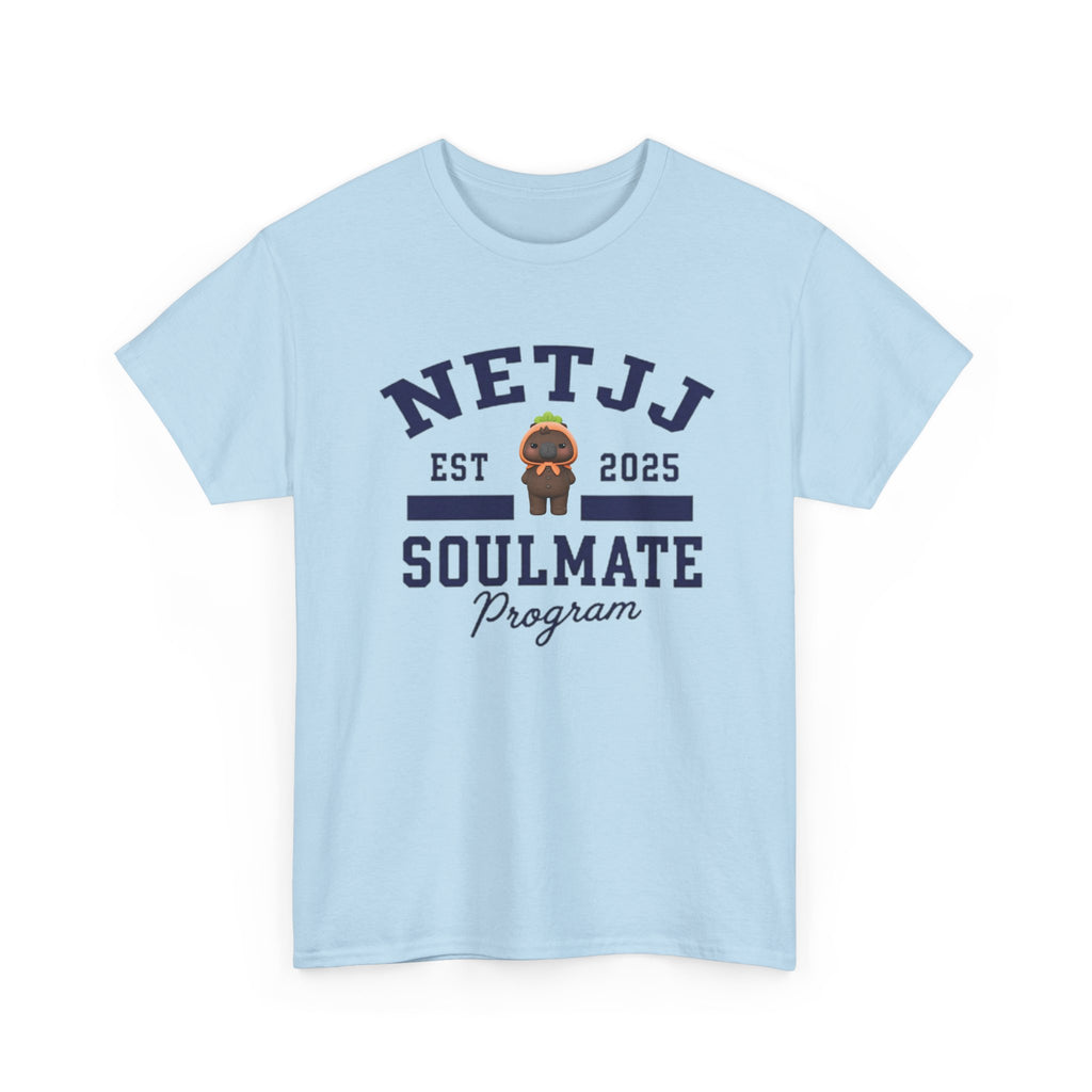 NetJJ Soulmate Program varsity t-shirt in light blue, with Jookkroo mascot — Thai BL Love Upon a Time fan merch