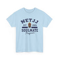 NetJJ Soulmate Program varsity t-shirt in light blue, with Jookkroo mascot — Thai BL Love Upon a Time fan merch