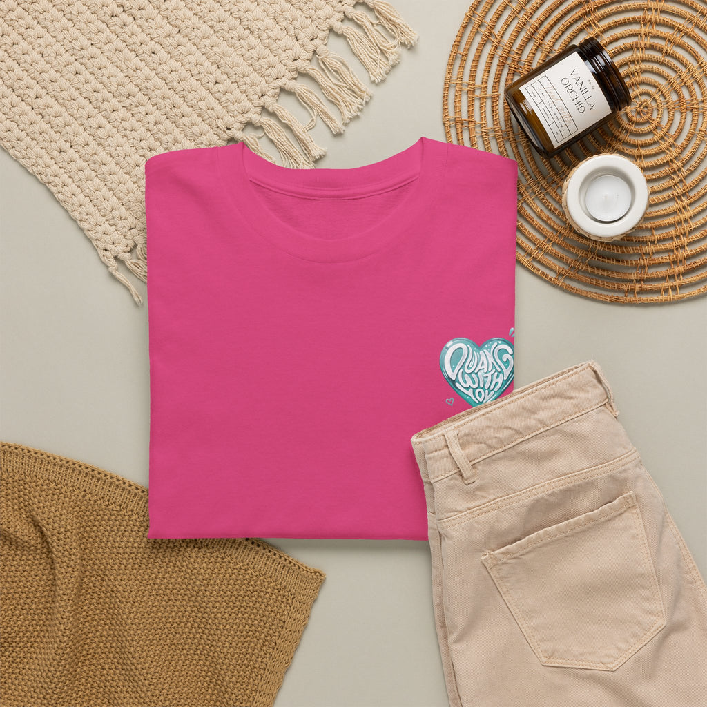 Heliconia pink Duang With You t-shirt styled flat with chinos and coffee — TeeteePor Thai BL fan merch
