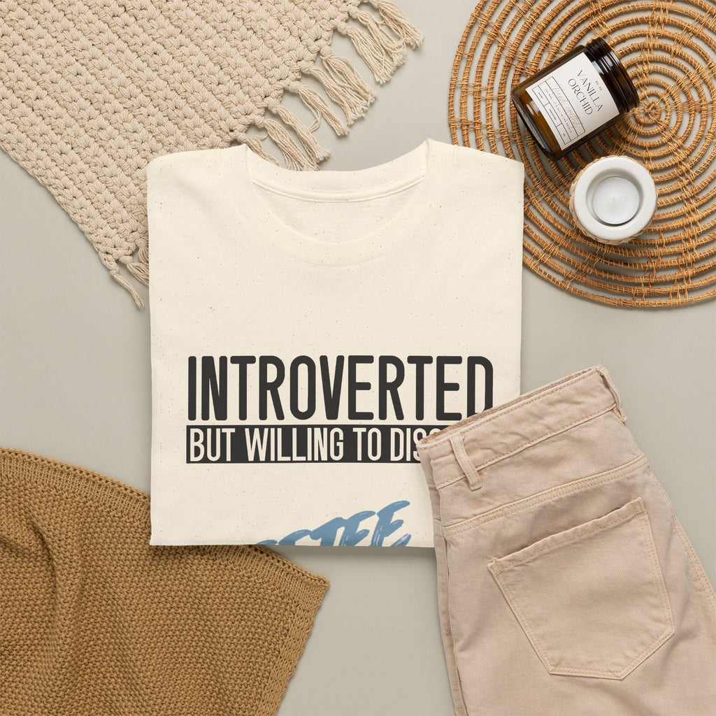 Natural Introverted TeeteePor slogan tee, flat-lay styled with neutral props