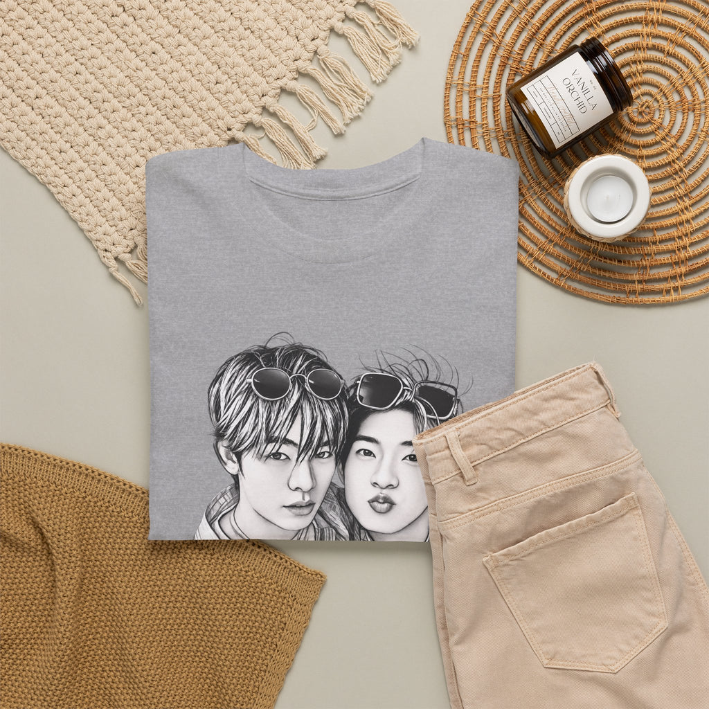 Sport grey TeeteePor sketch t-shirt styled flat with chinos and coffee — Duang With You Thai BL fan merch