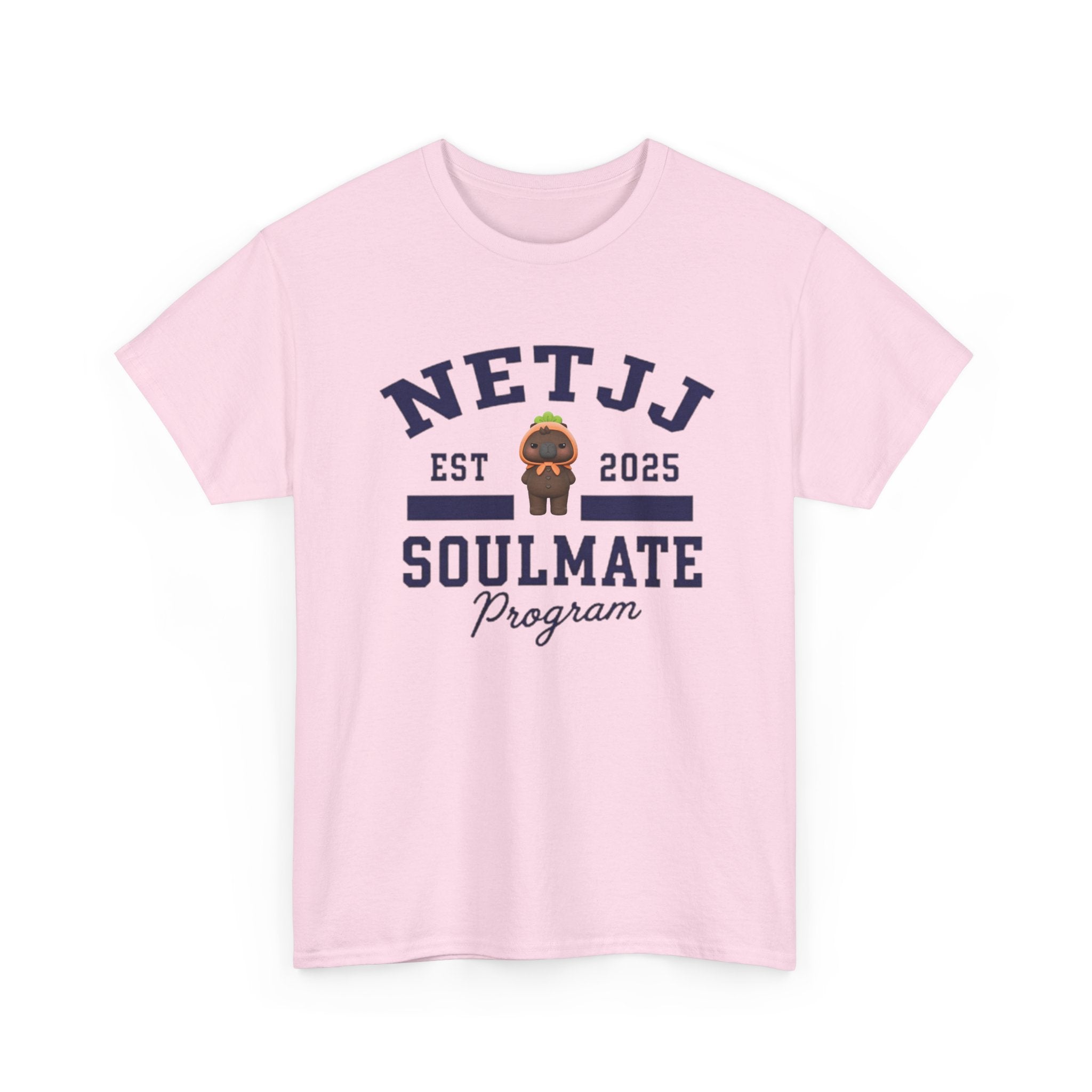 NetJJ Soulmate Program varsity t-shirt in light pink, with Jookkroo mascot — Thai BL Love Upon a Time fan merch