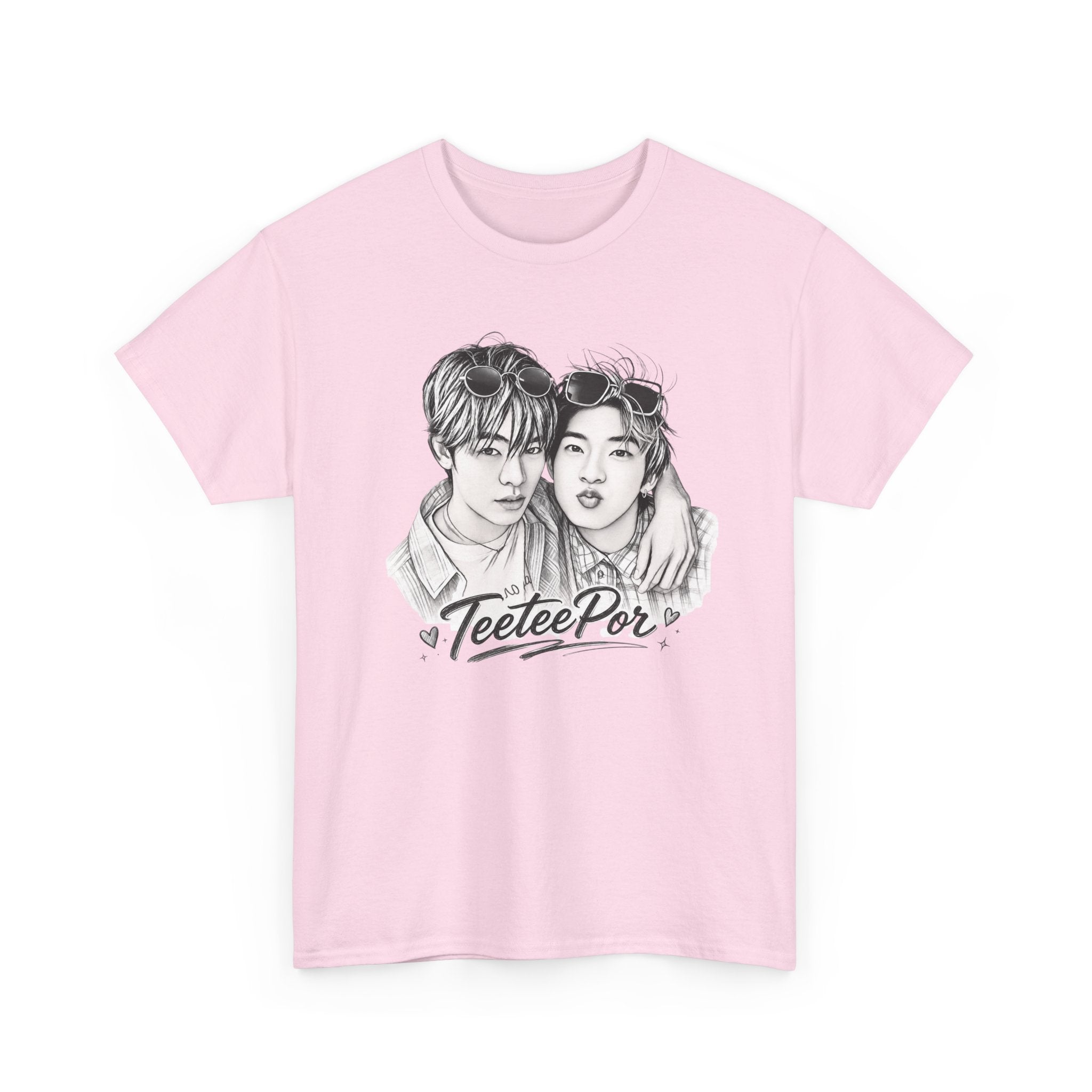 TeeteePor sketch t-shirt in light pink — TeeTee and Por pencil portrait, Duang With You Thai BL fan merch
