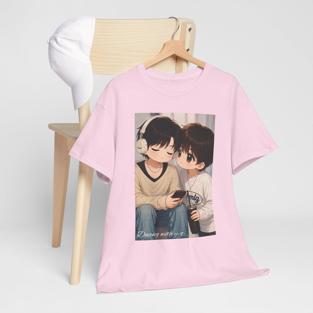 Light Pink Duang With You TeeteePor chibi couple tee on a wooden hanger