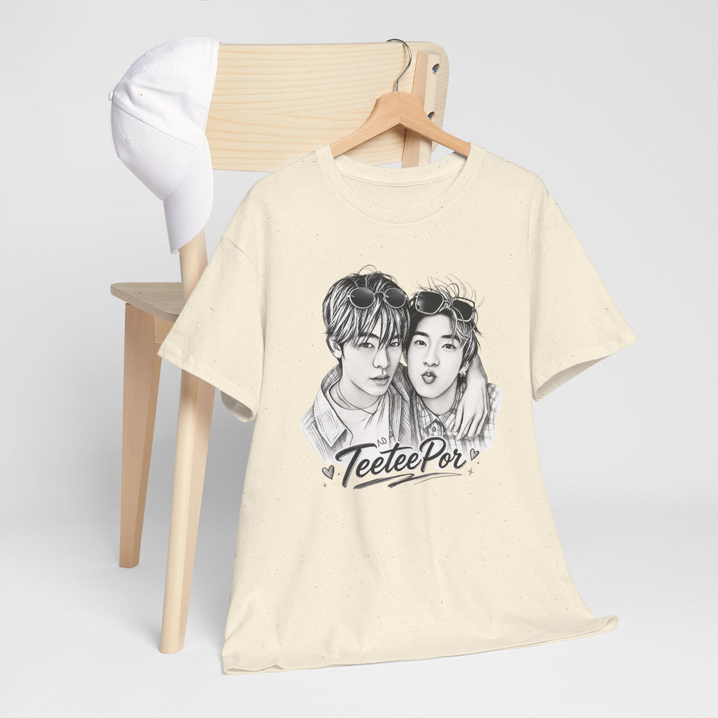 Folded natural TeeteePor sketch t-shirt, front view — TeeTee and Por, Duang With You Thai BL fan merch