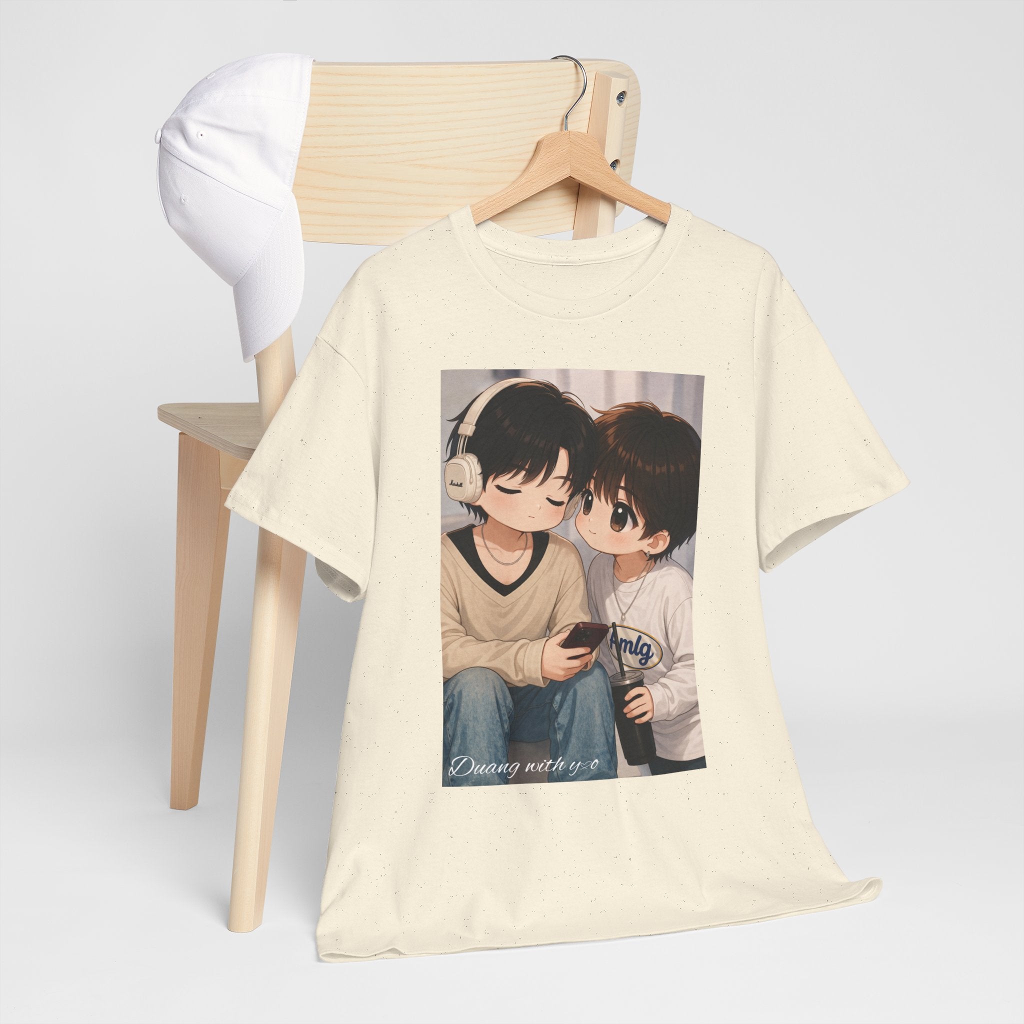 Natural Duang With You TeeteePor chibi couple tee on a wooden hanger