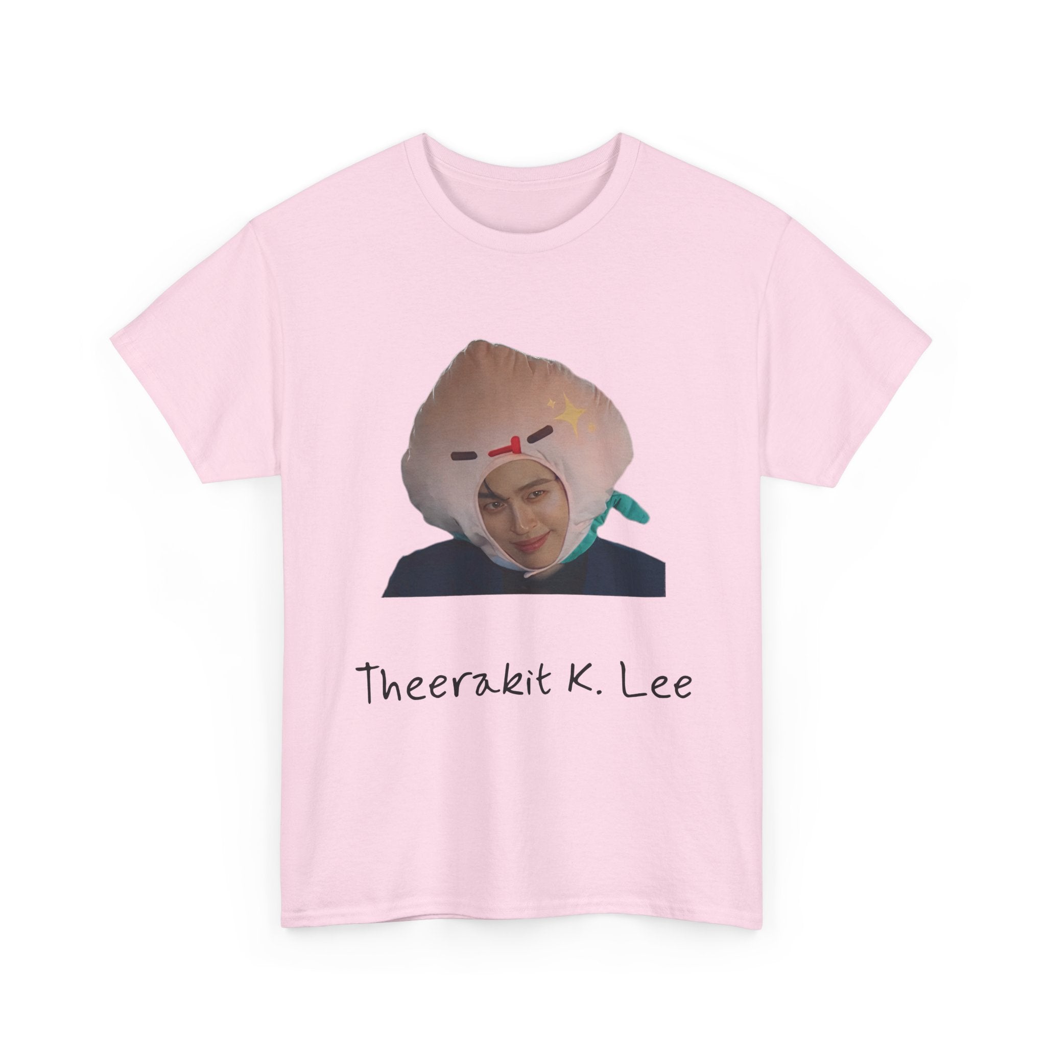 Pond as Thee 'Theerakit K. Lee' print on a light pink unisex t-shirt (Me and Thee, PondPhuwin), front view