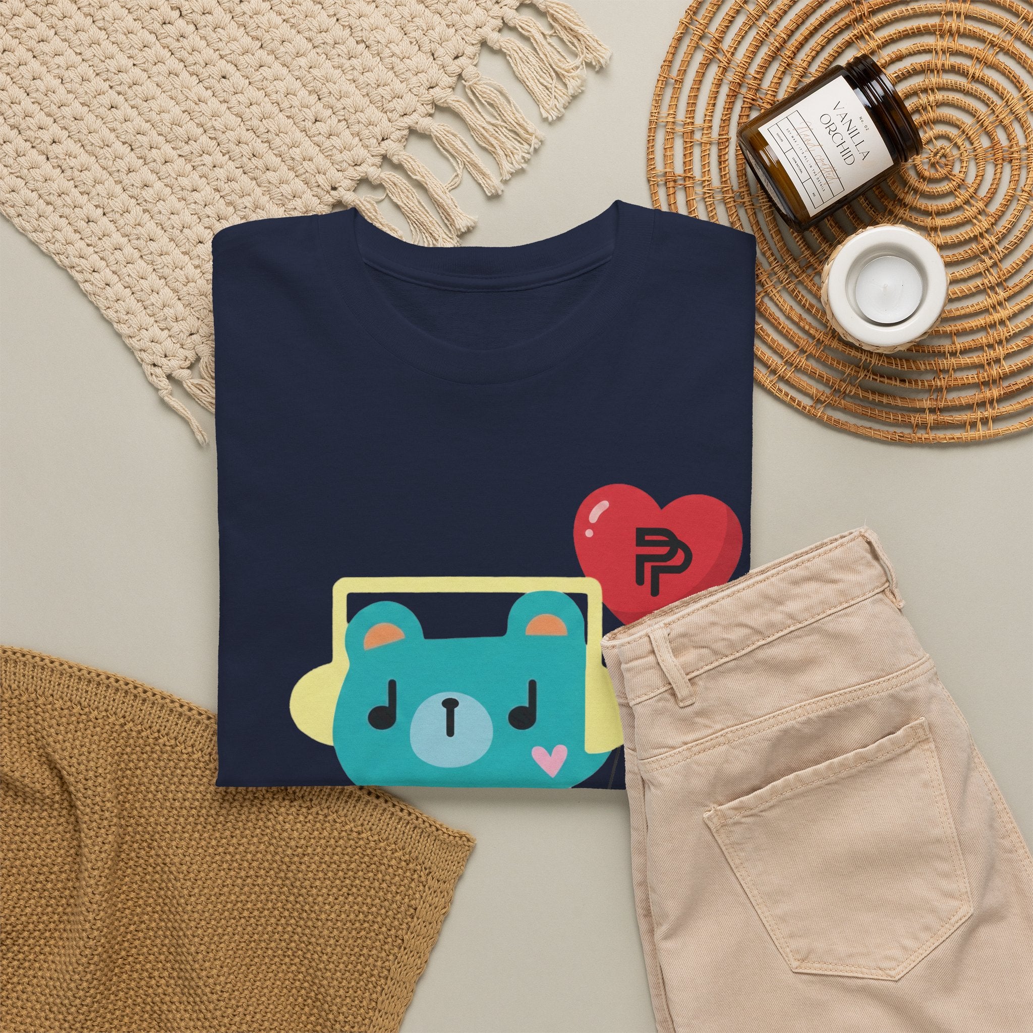 PondPhuwin 'Permpoon' bear mascot t-shirt in navy — Thai BL fan merch