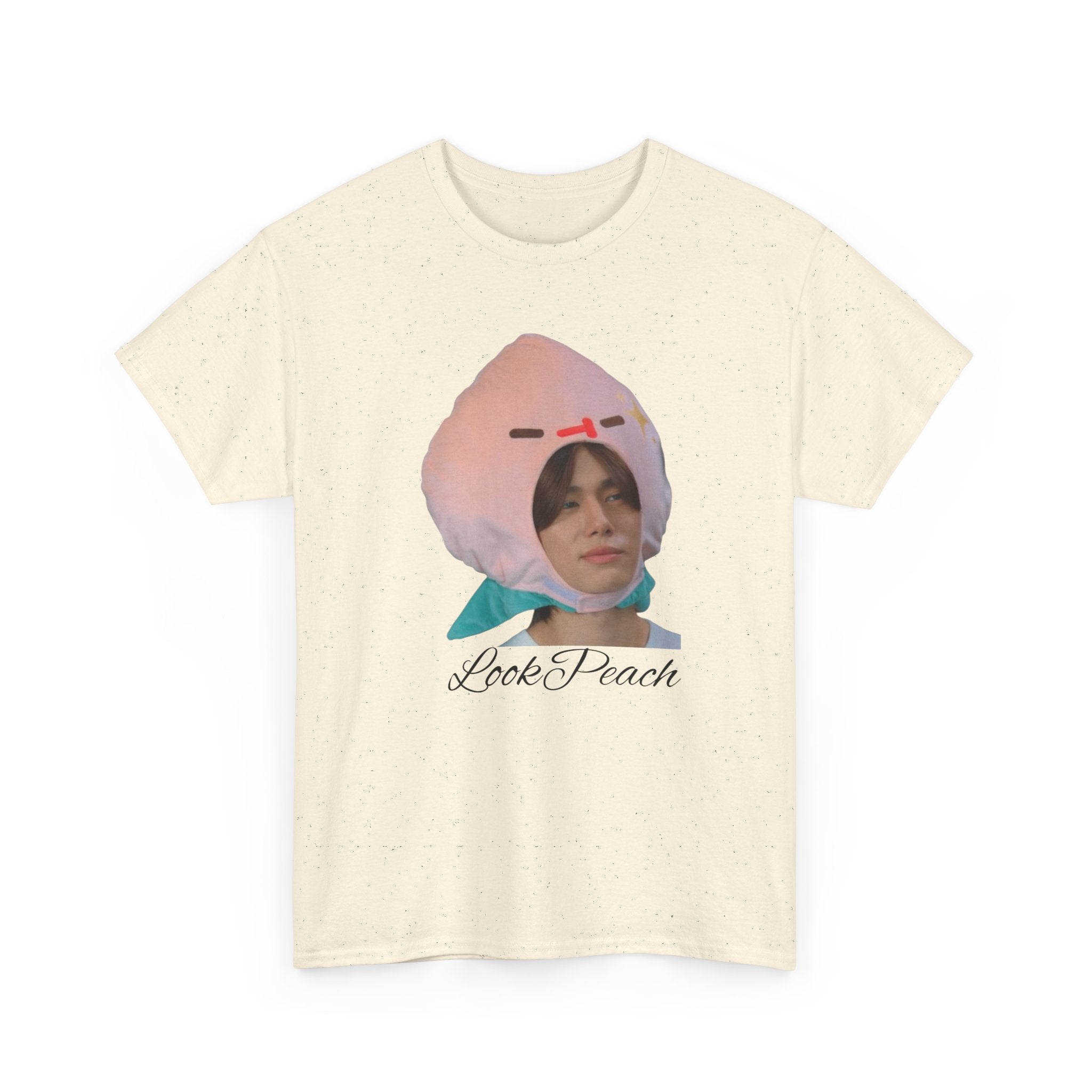 'Look Peach' – Phuwin as Peach photo print on a cream unisex t-shirt (Me and Thee), front view