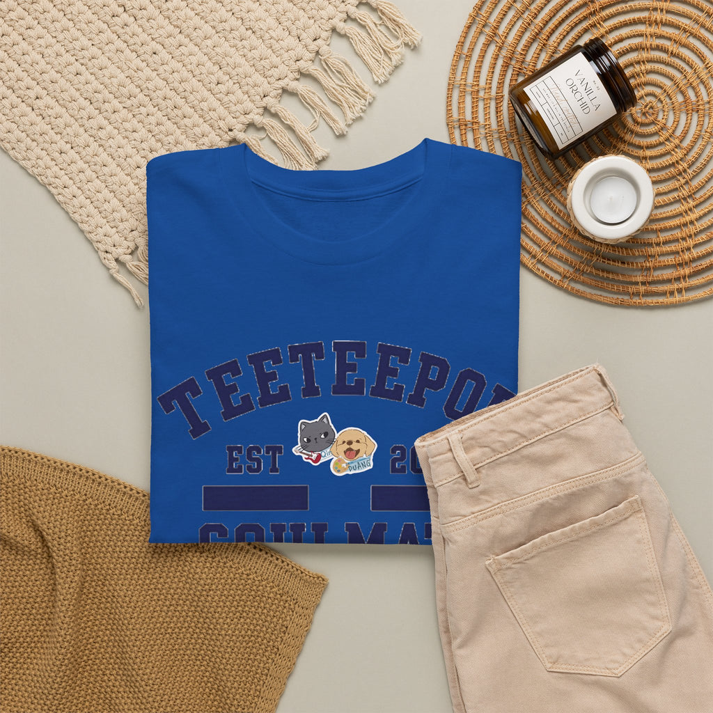 Royal TeeteePor Soulmate Program tee, flat-lay styled with neutral props