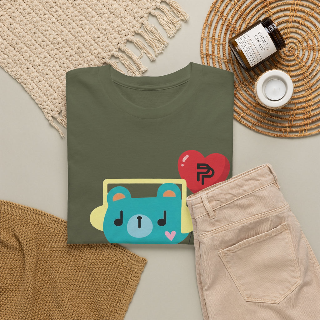 PondPhuwin 'Permpoon' bear mascot t-shirt in olive green — Thai BL fan merch