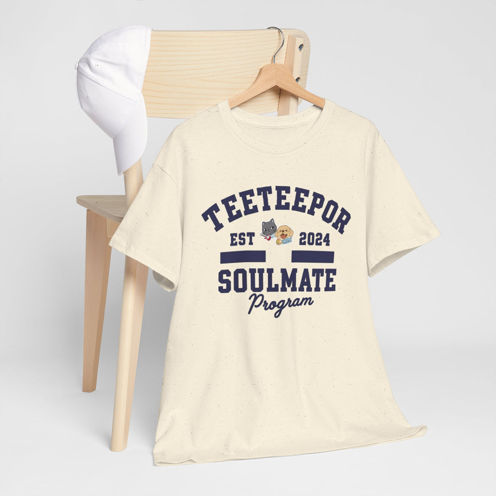 Natural TeeteePor Soulmate Program varsity tee on a wooden hanger