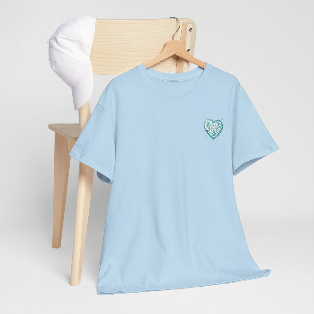 Light blue Duang With You t-shirt on a hanger — mint heart chest print, TeeteePor Thai BL fan merch