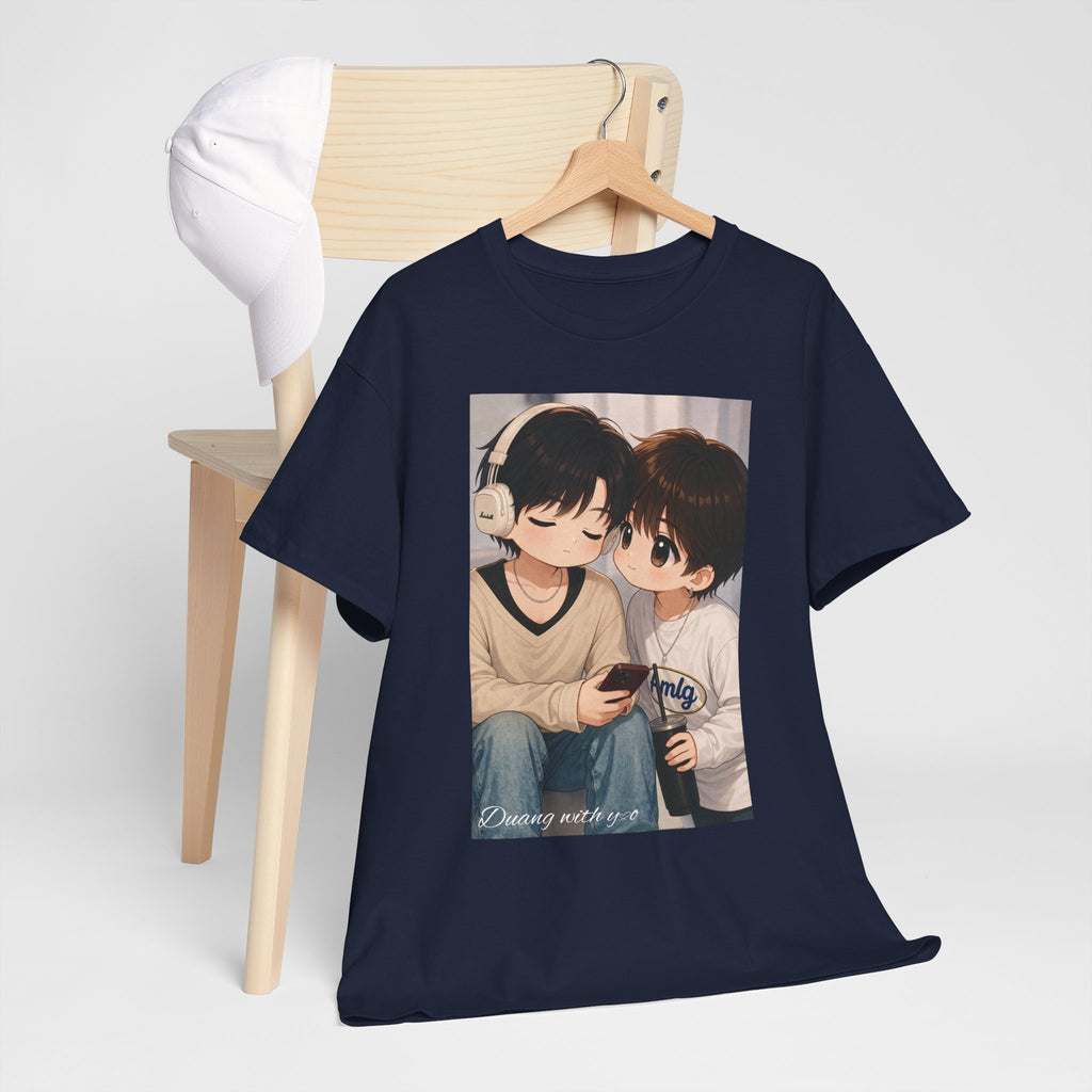 Navy Duang With You TeeteePor chibi couple tee on a wooden hanger