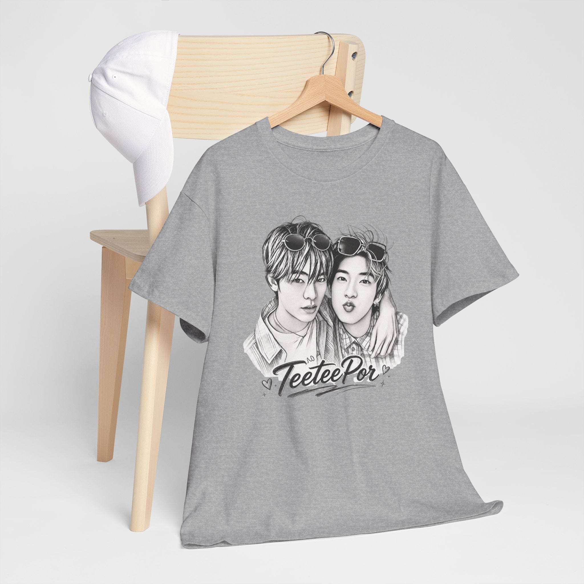 Sport grey TeeteePor sketch t-shirt on a hanger — TeeTee and Por, Duang With You Thai BL fan merch