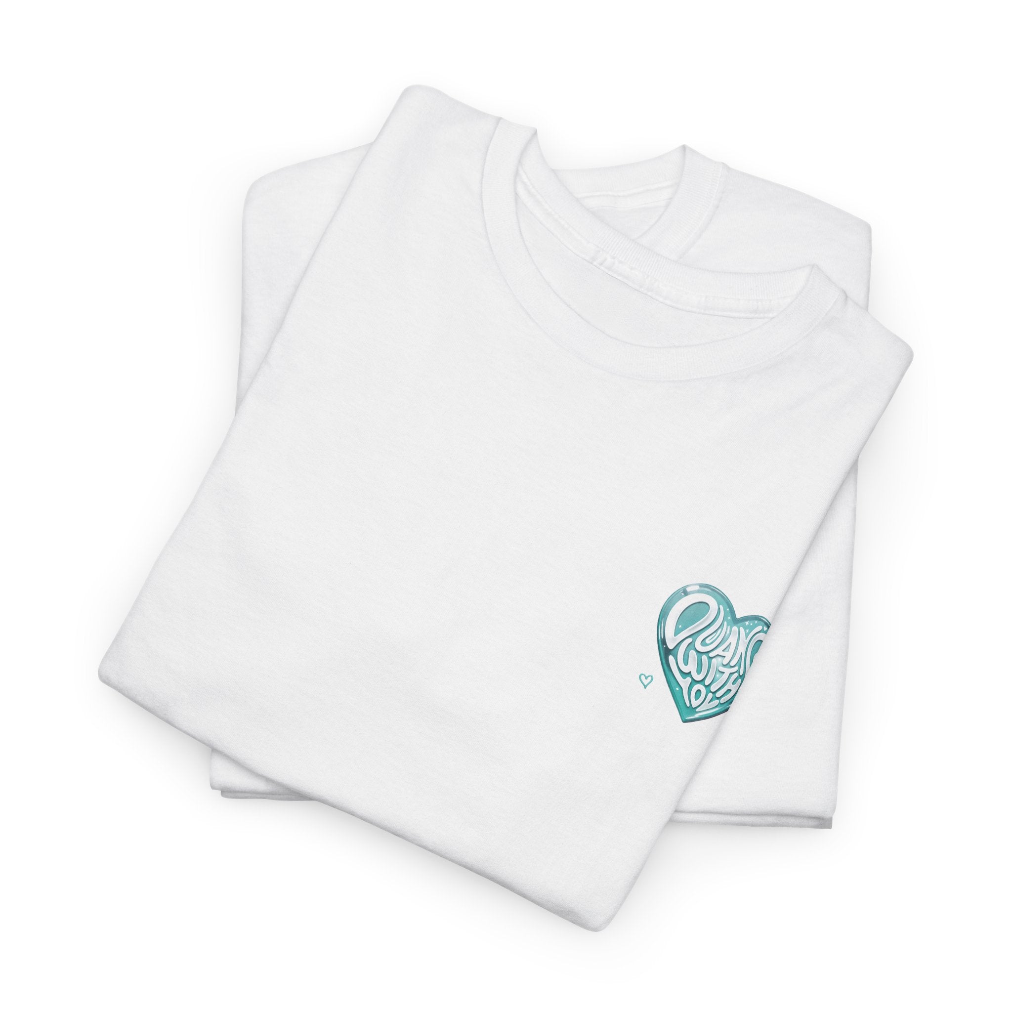 Folded white Duang With You t-shirt with mint heart chest print — TeeteePor Thai BL fan merch