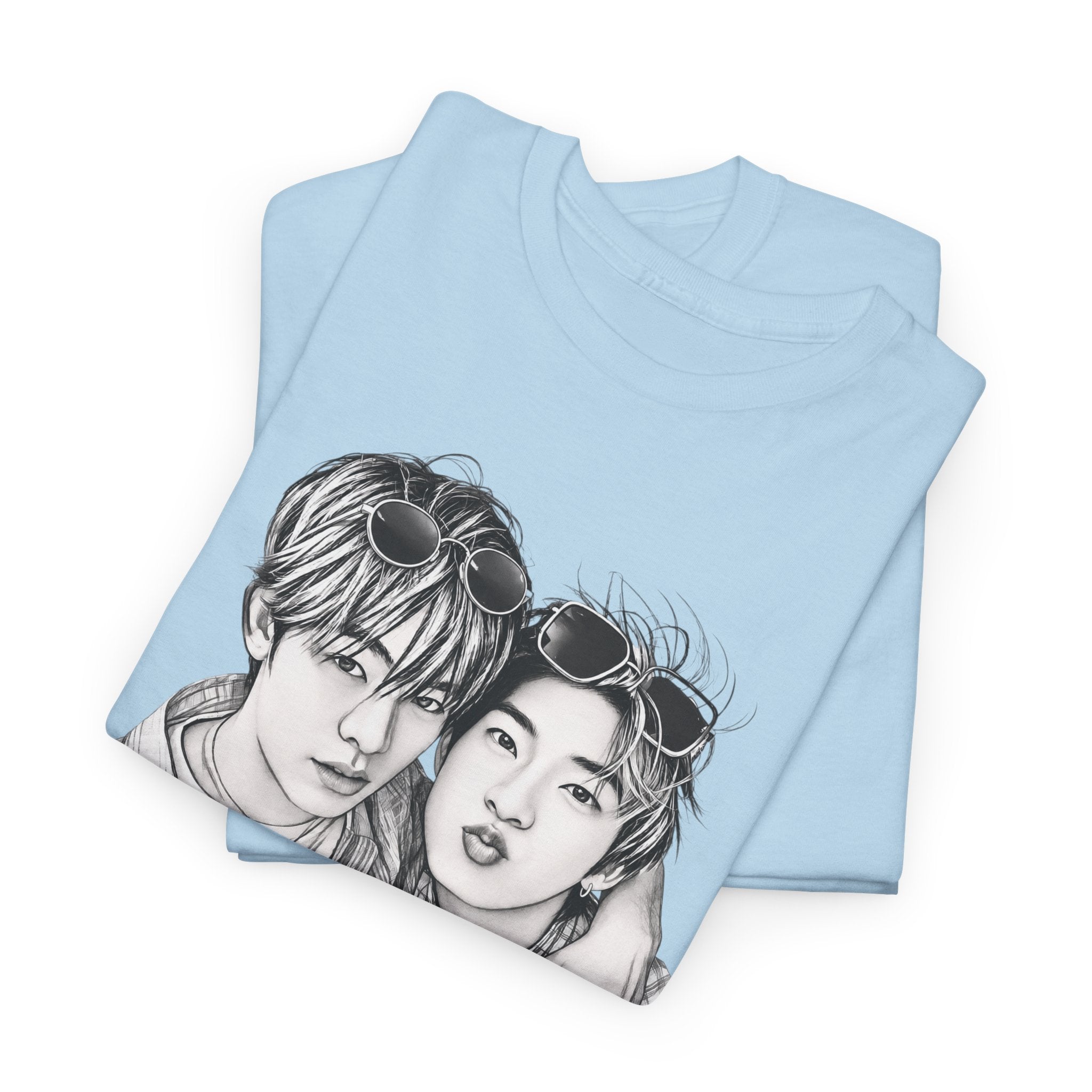 Light blue TeeteePor sketch t-shirt on a hanger — TeeTee and Por, Duang With You Thai BL fan merch