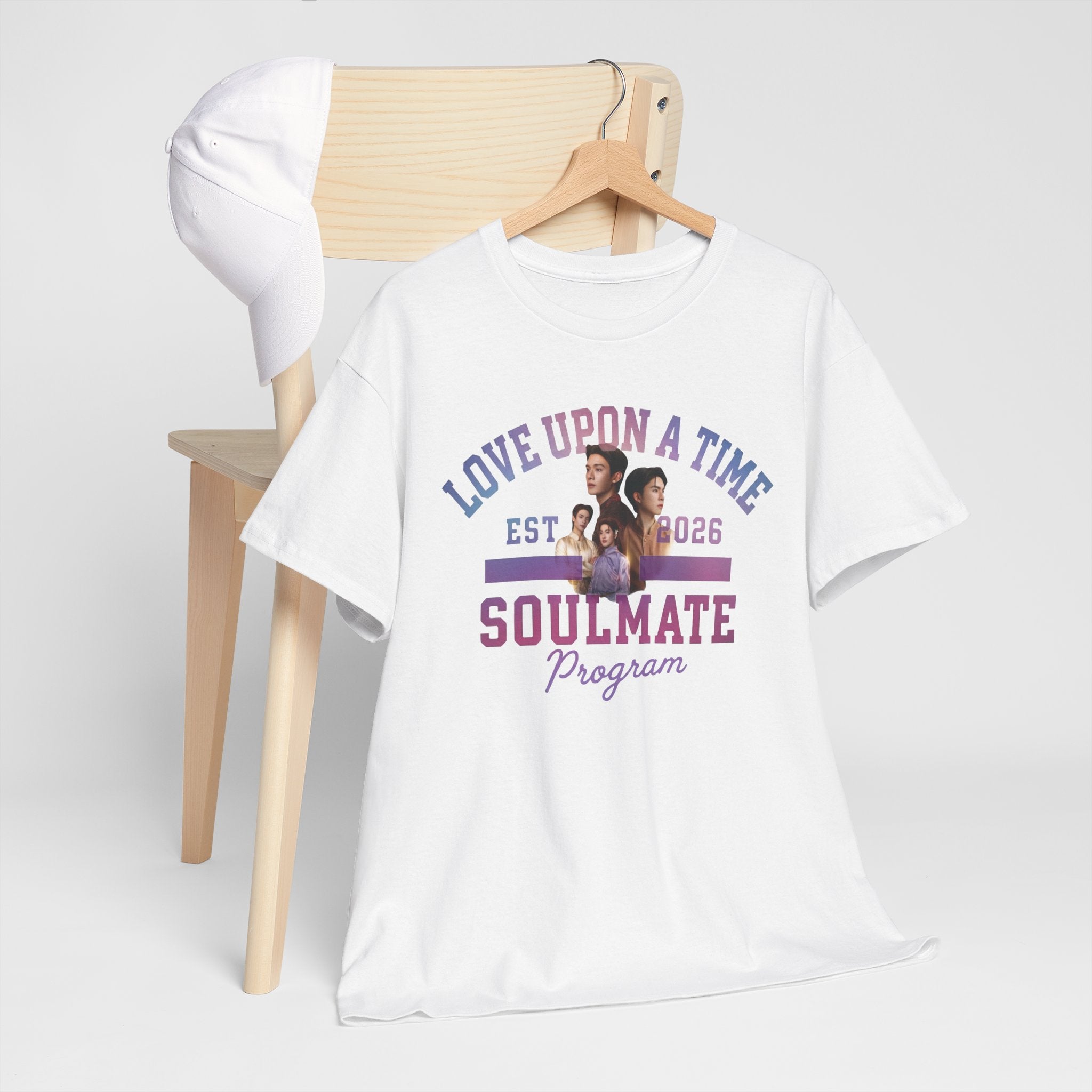 White Love Upon a Time Soulmate Program varsity t-shirt on a hanger — NetJJ and LatteKim Thai BL fan merch