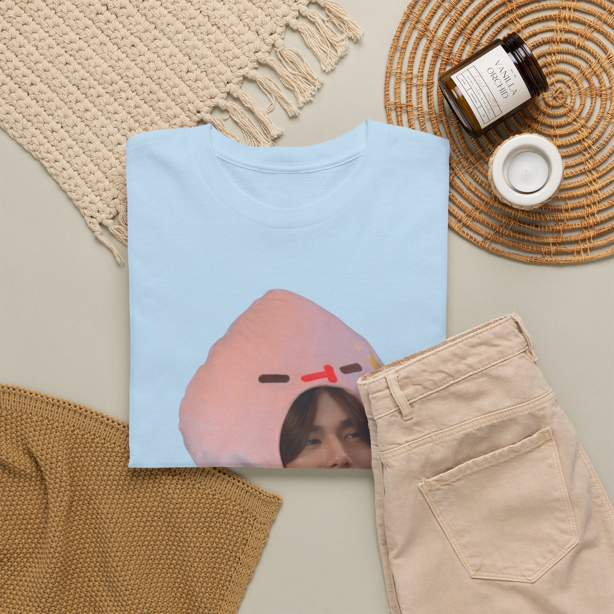 'Look Peach' Phuwin as Peach t-shirt in light blue — PondPhuwin Me and Thee fan merch