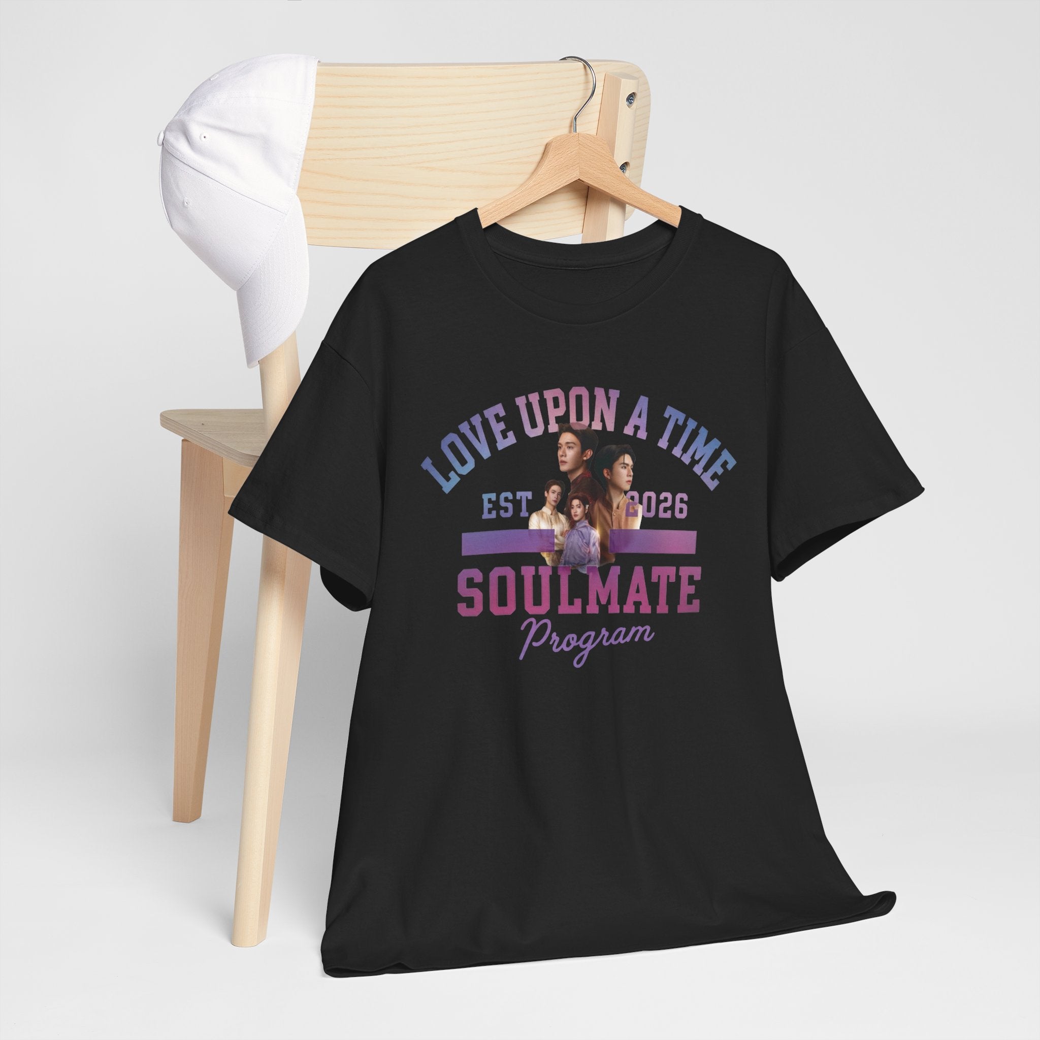 Black Love Upon a Time Soulmate Program varsity t-shirt on a hanger — NetJJ and LatteKim Thai BL fan merch