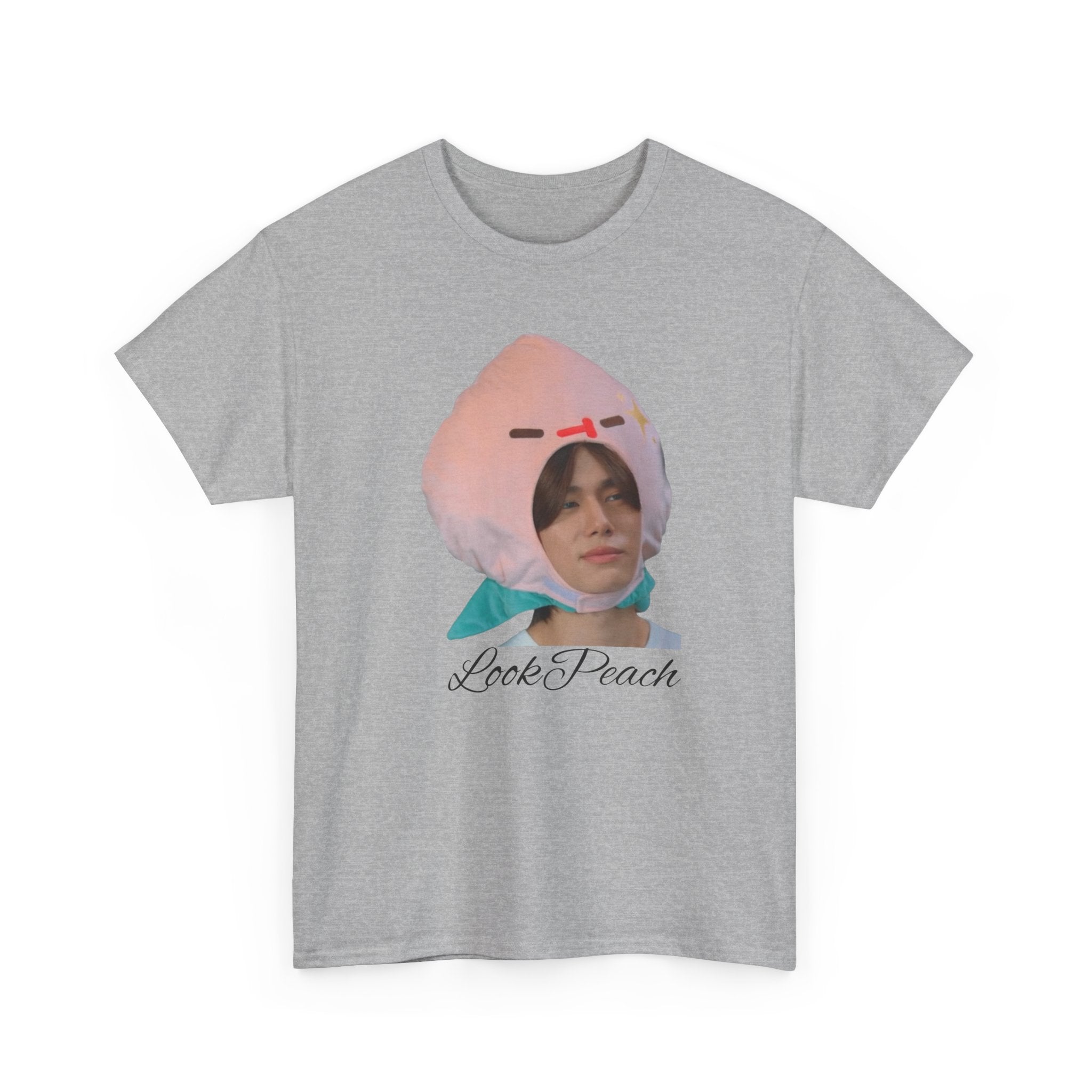 'Look Peach' – Phuwin as Peach photo print on a sport grey unisex t-shirt (Me and Thee), front view