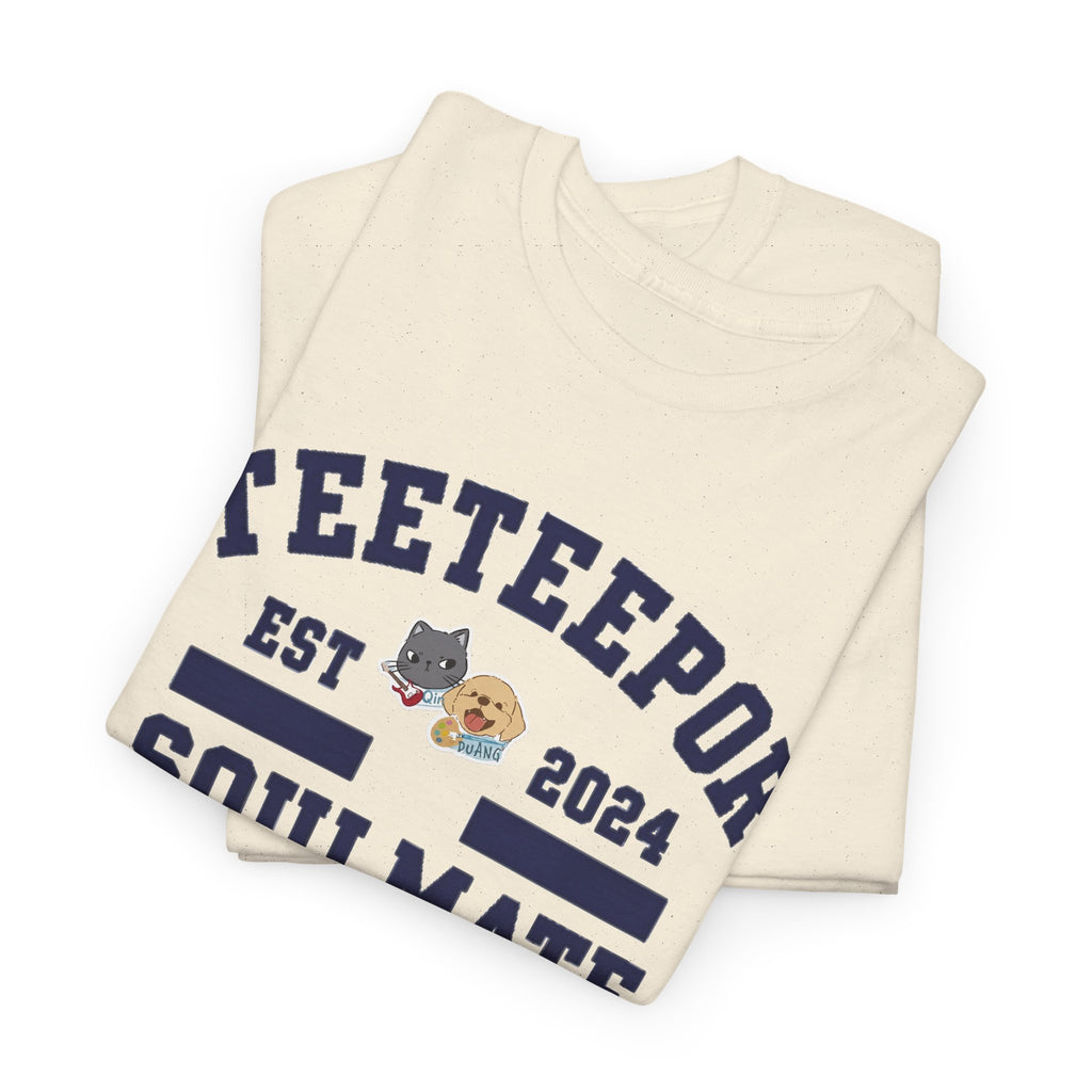 Folded Natural TeeteePor Soulmate Program varsity tees showing the navy print