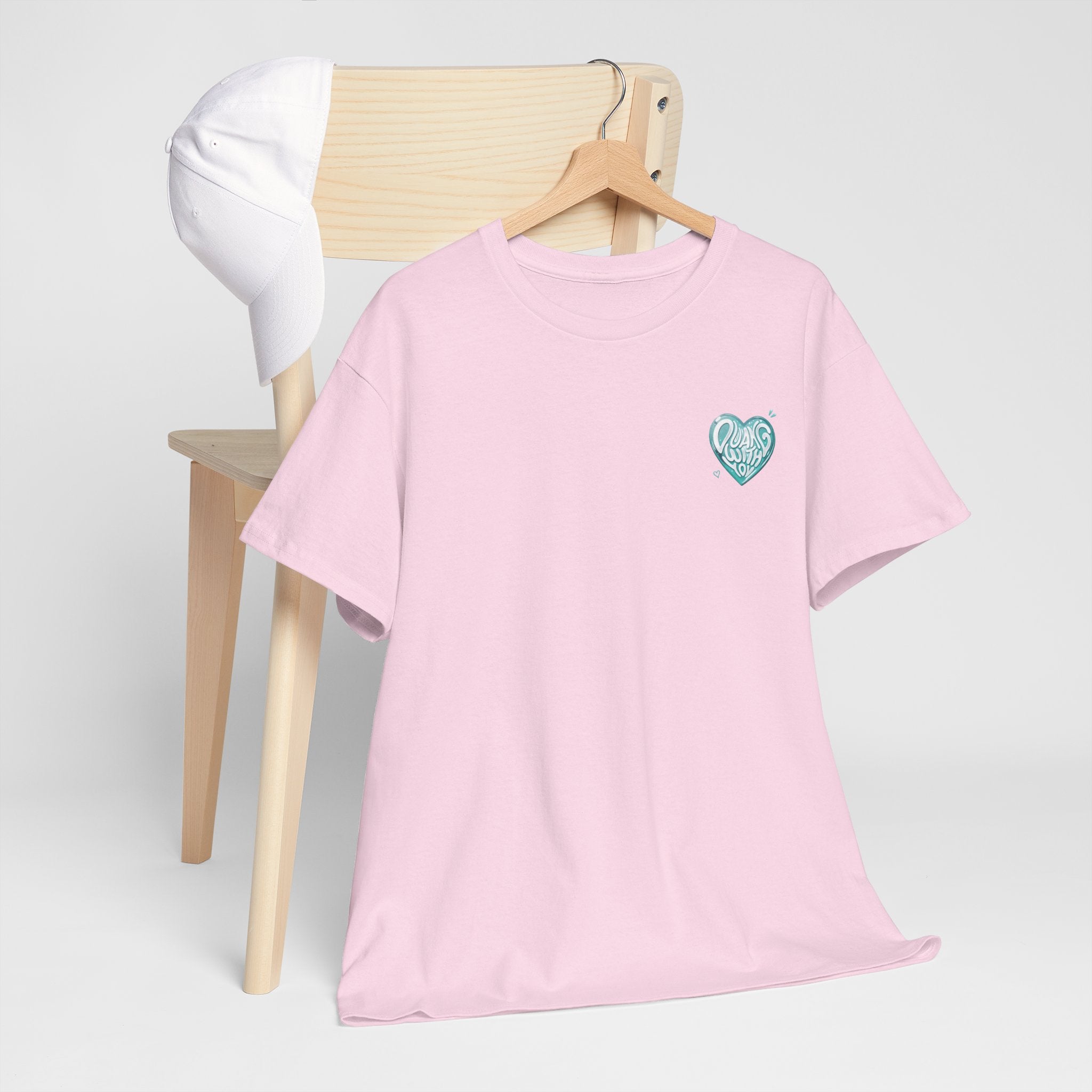 Light pink Duang With You t-shirt on a hanger — mint heart chest print, TeeteePor Thai BL fan merch
