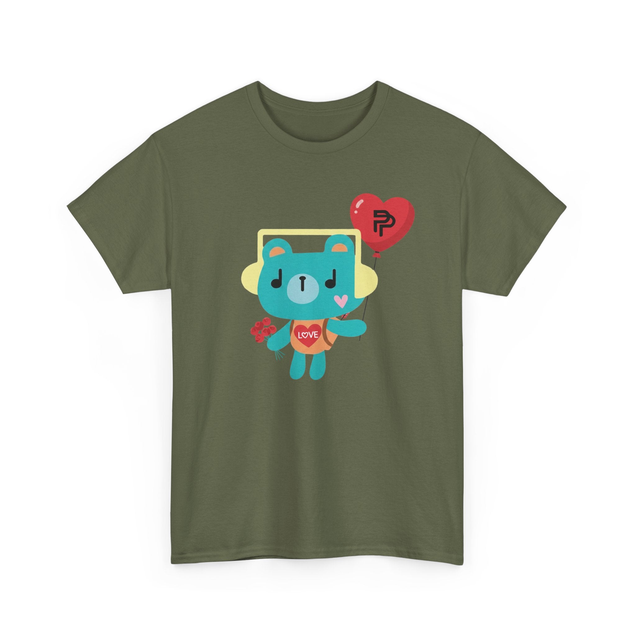 PondPhuwin 'Permpoon' bear mascot print on an olive green unisex t-shirt (Thai BL fan merch), front view