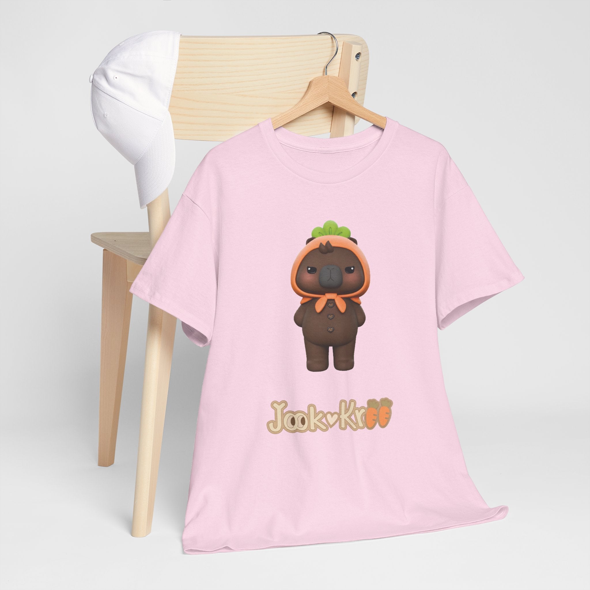 Light pink NetJJ JookKroo mascot t-shirt on a hanger — Love Upon a Time Thai BL fan merch