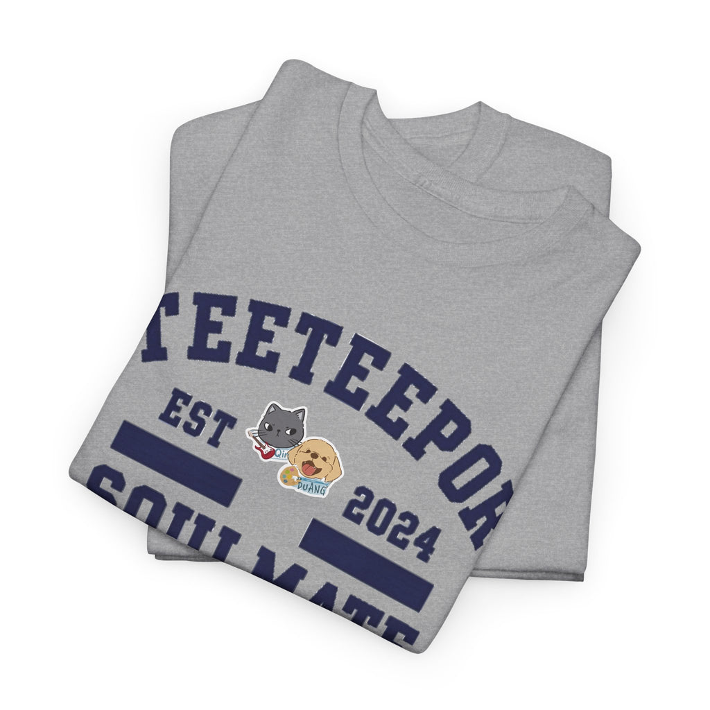 Folded Sport Grey TeeteePor Soulmate Program varsity tees showing the navy print