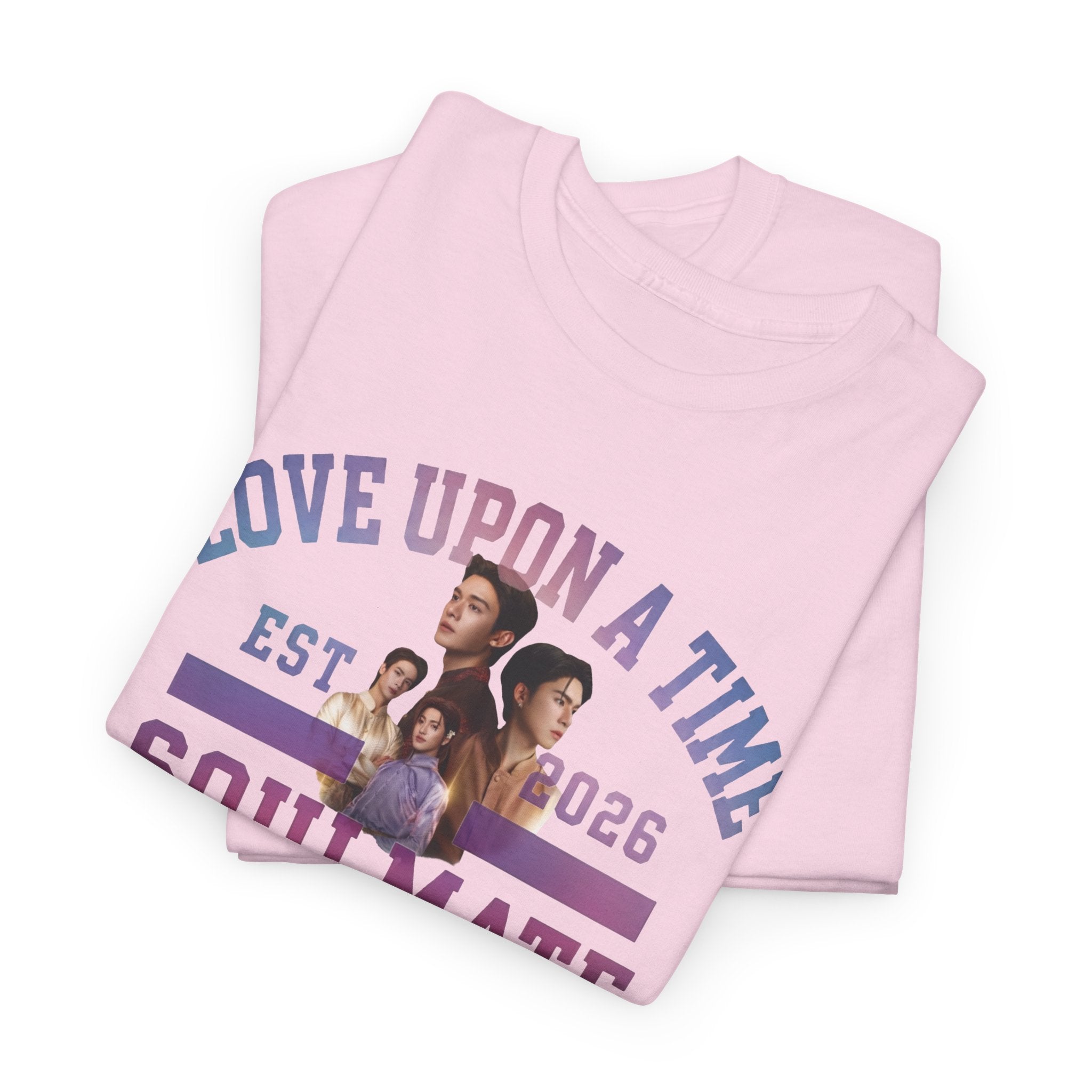 Folded light pink Love Upon a Time Soulmate Program varsity t-shirt — NetJJ and LatteKim Thai BL fan merch