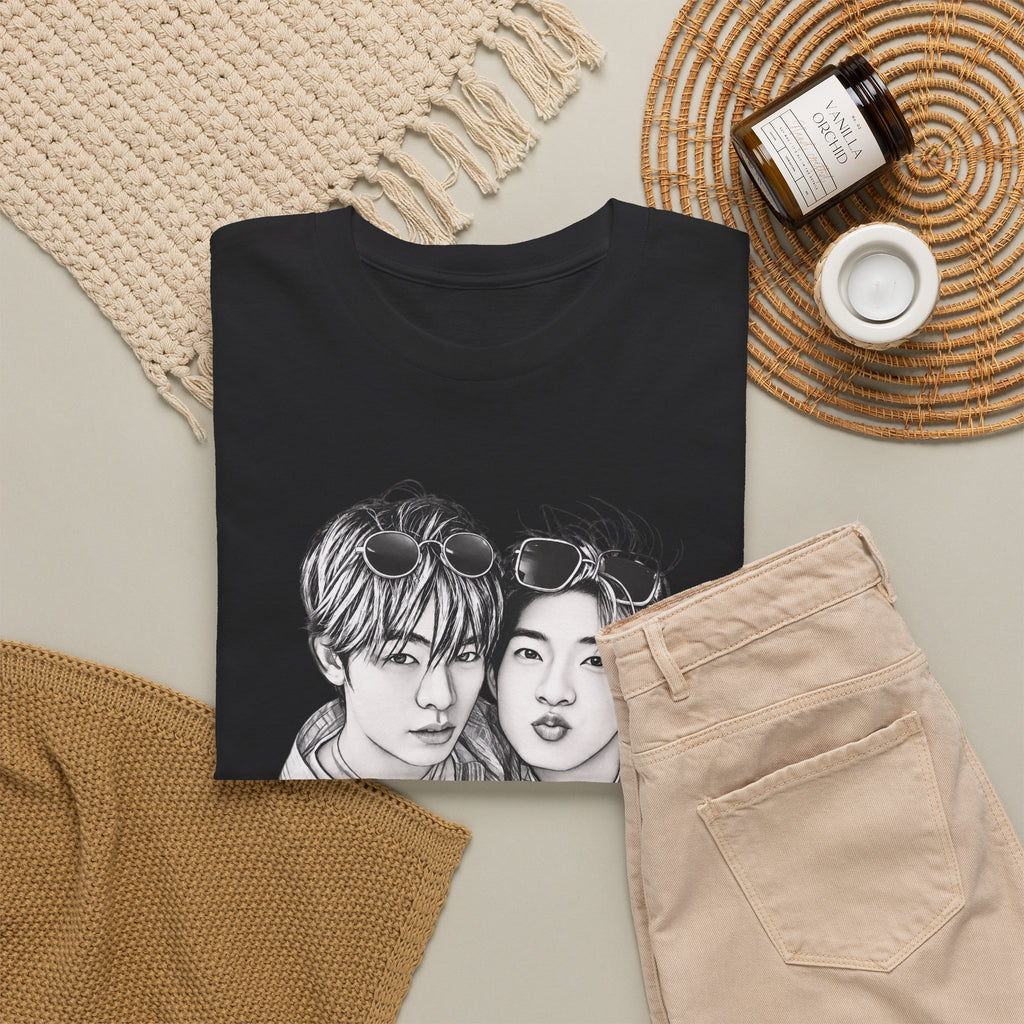 Black TeeteePor sketch t-shirt styled flat with chinos and coffee — Duang With You Thai BL fan merch