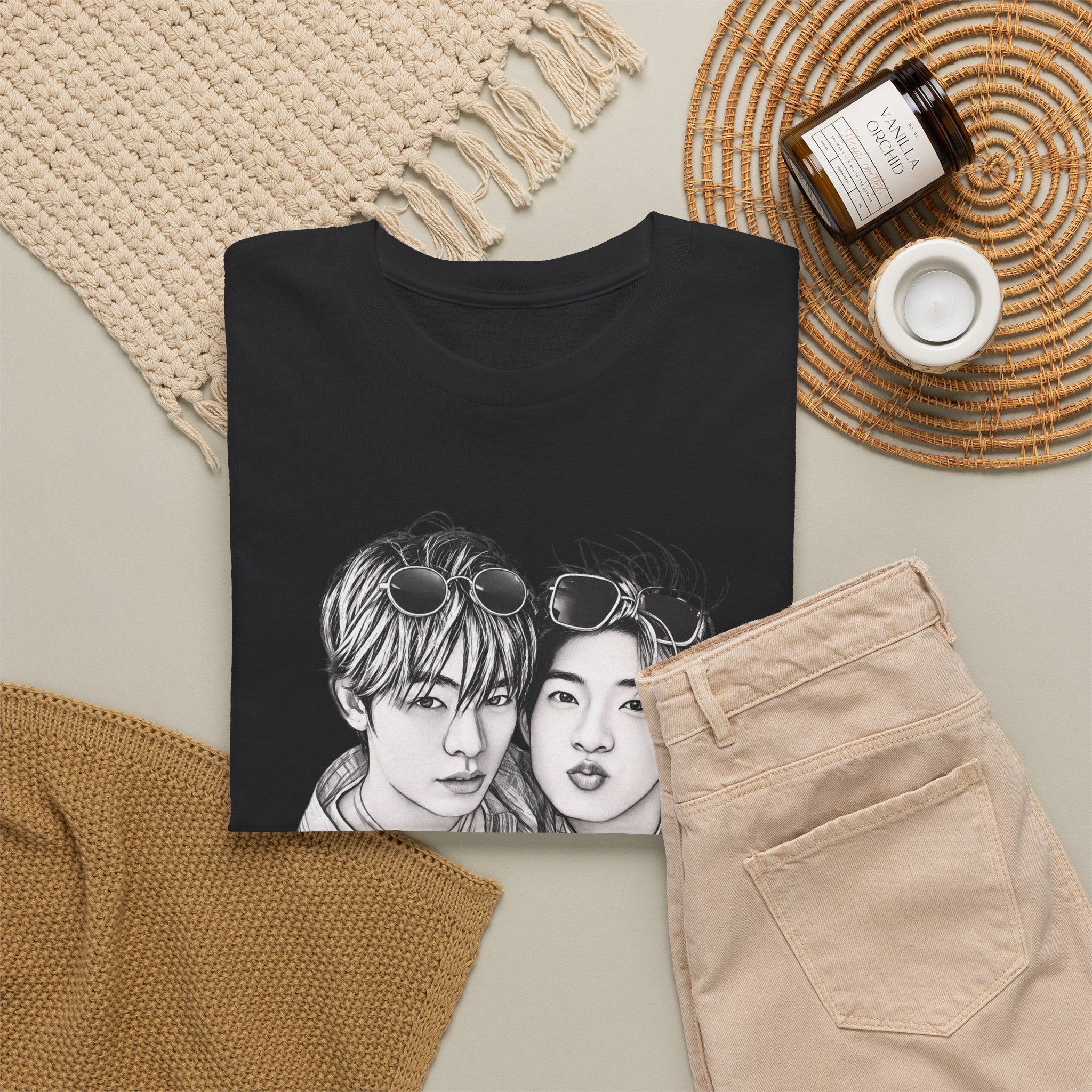 Black TeeteePor sketch t-shirt styled flat with chinos and coffee — Duang With You Thai BL fan merch