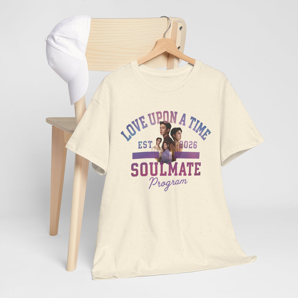 Natural Love Upon a Time Soulmate Program varsity t-shirt on a hanger — NetJJ and LatteKim Thai BL fan merch