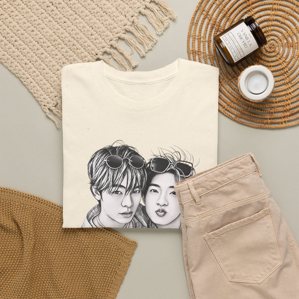 Folded natural TeeteePor sketch t-shirt — TeeTee and Por, Duang With You Thai BL fan merch