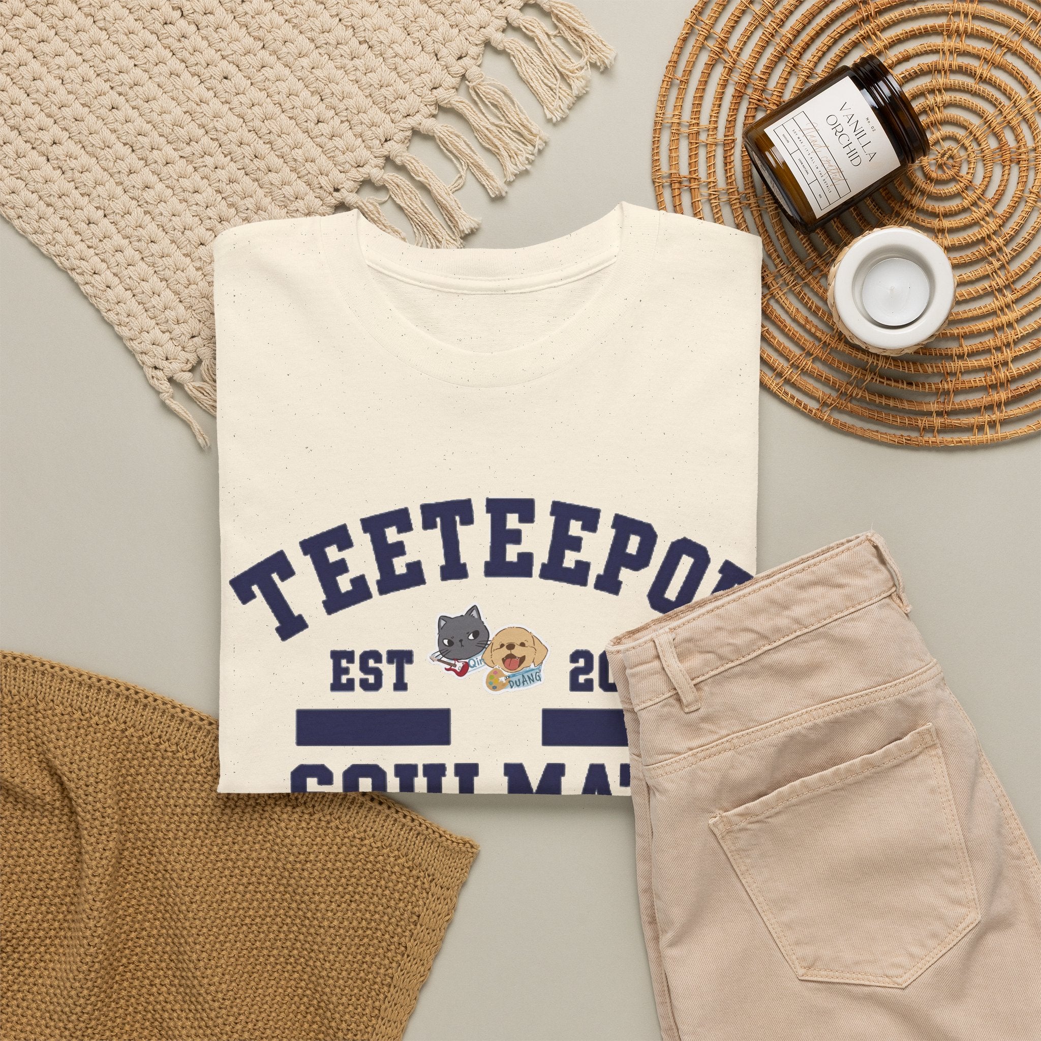 Natural TeeteePor Soulmate Program tee, flat-lay styled with neutral props