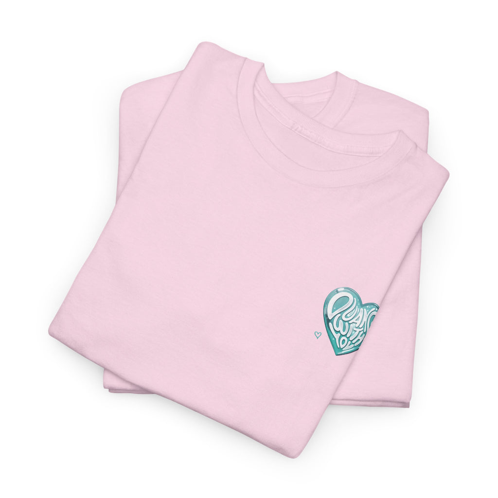 Folded light pink Duang With You t-shirt with mint heart chest print — TeeteePor Thai BL fan merch