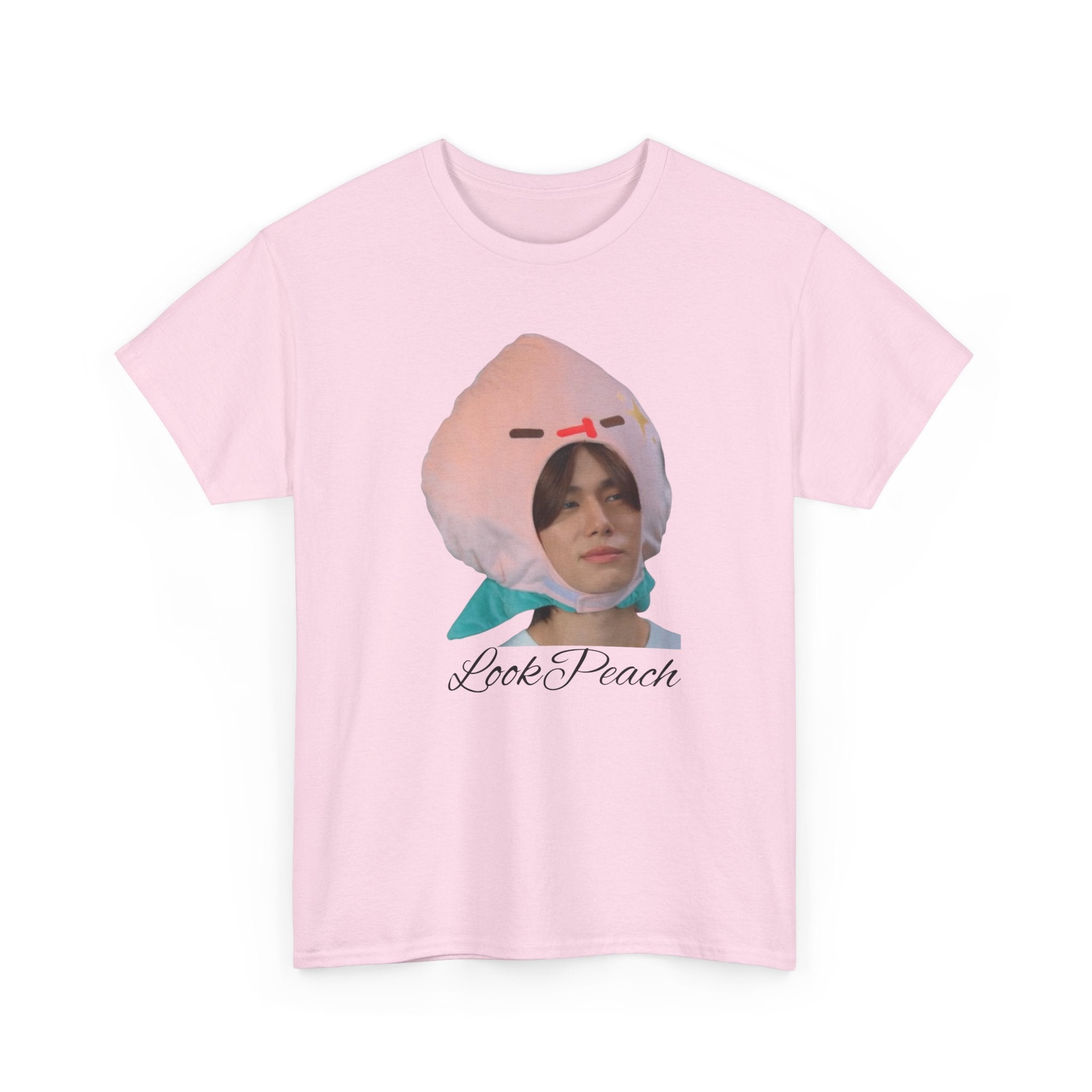 'Look Peach' – Phuwin as Peach photo print on a light pink unisex t-shirt (Me and Thee), front view