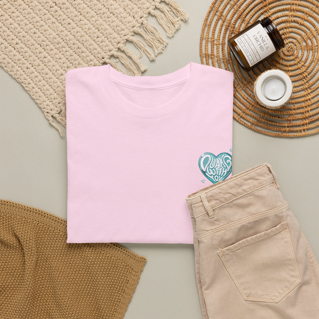 Light pink Duang With You t-shirt styled flat with chinos and coffee — TeeteePor Thai BL fan merch