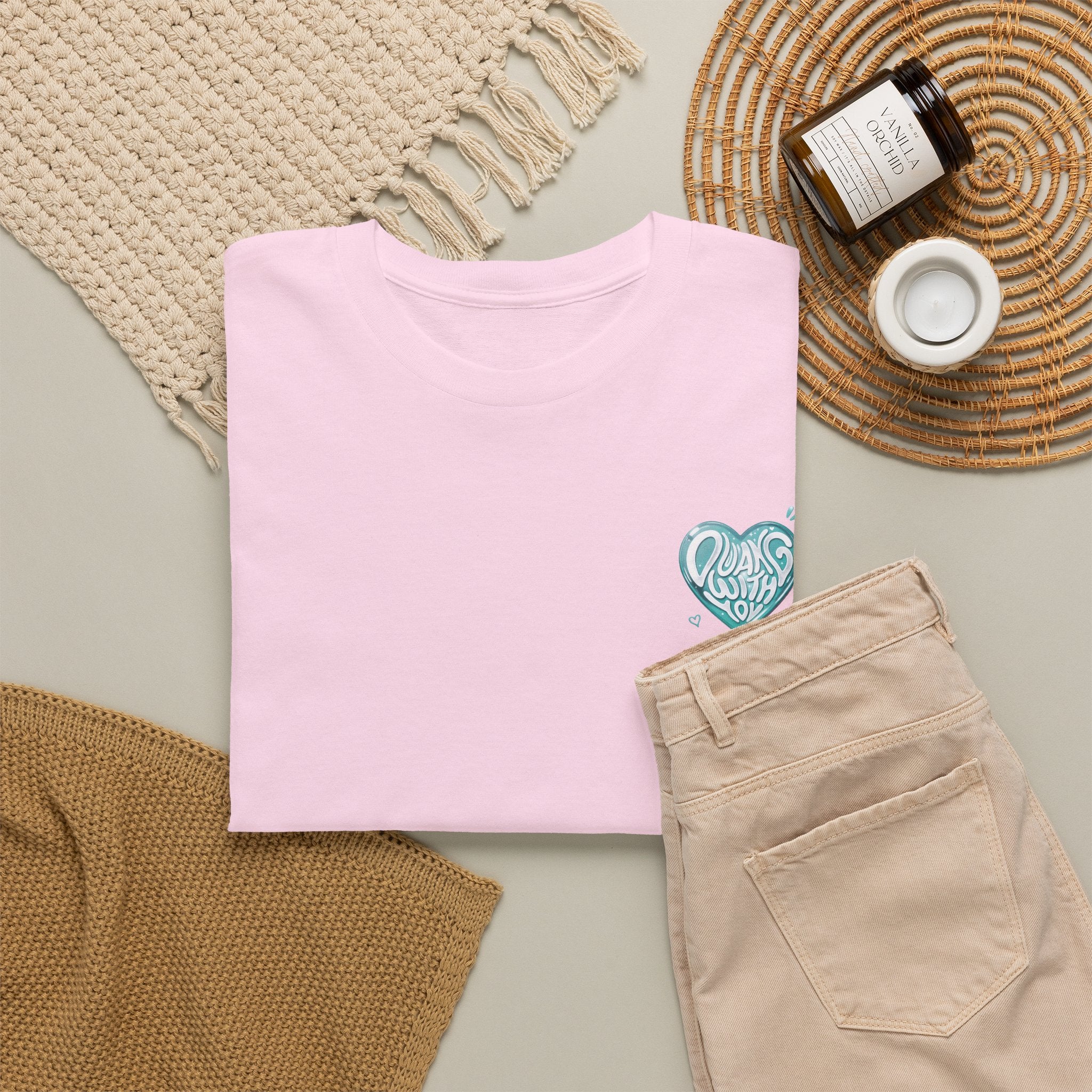 Light pink Duang With You t-shirt styled flat with chinos and coffee — TeeteePor Thai BL fan merch