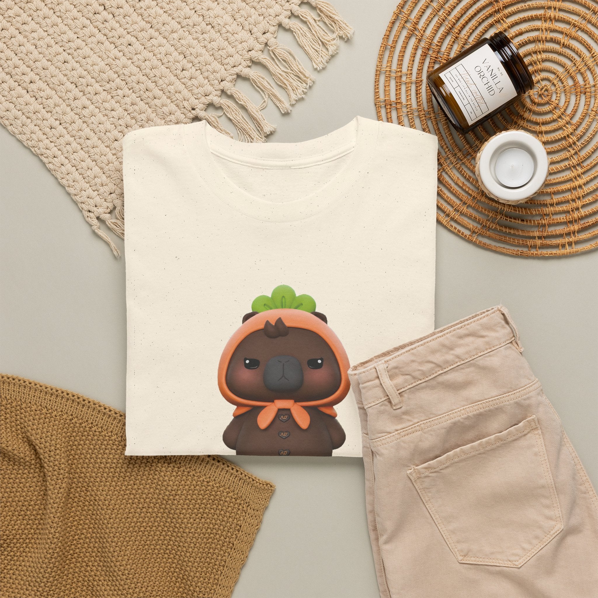 Natural NetJJ JookKroo mascot t-shirt styled flat with chinos and coffee — Thai BL fan merch