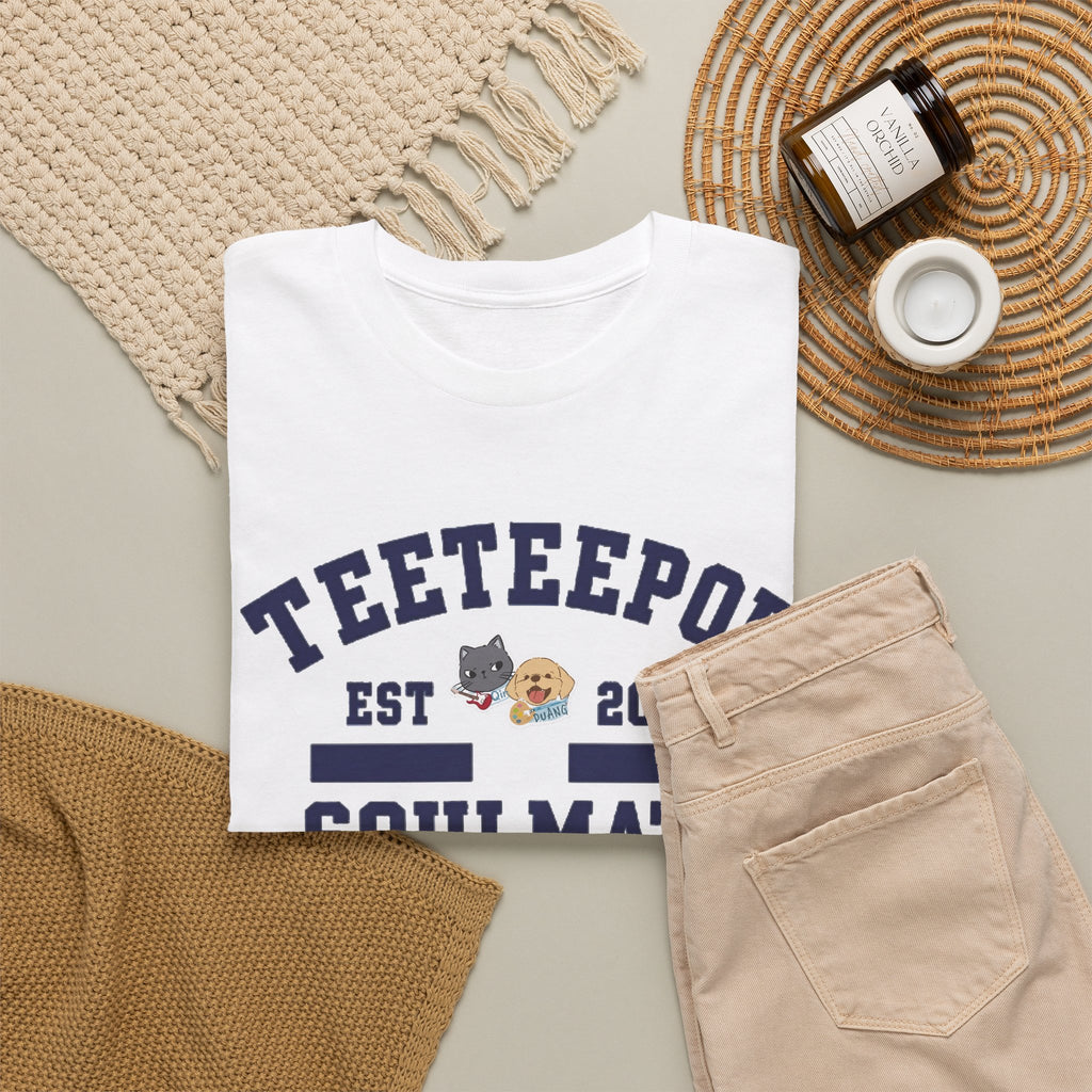 White TeeteePor Soulmate Program tee, flat-lay styled with neutral props
