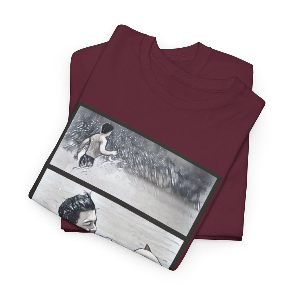 Size guide for the Gildan 5000 unisex t-shirt with width and length measurements in inches and centimetres